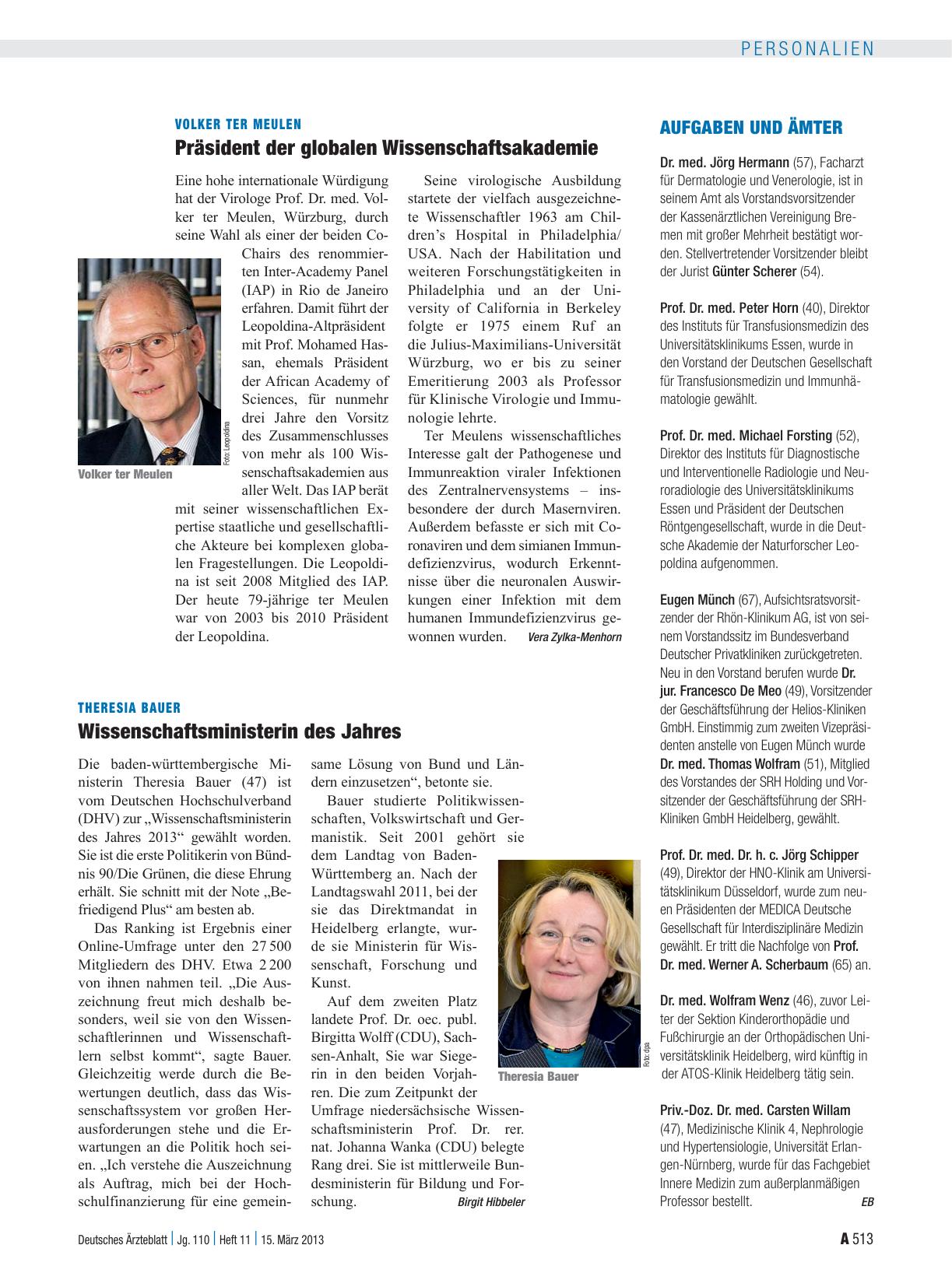 Vorschauseite 1: Volker ter Meulen: Präsident der globalen Wissenschaftsakademie