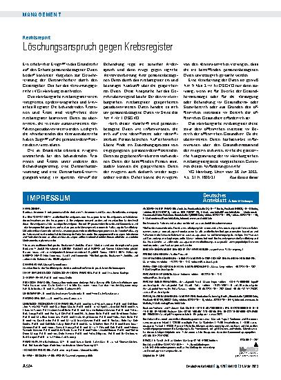 Vorschauseite 1: Rechtsreport: Löschungsanspruch gegen Krebsregister