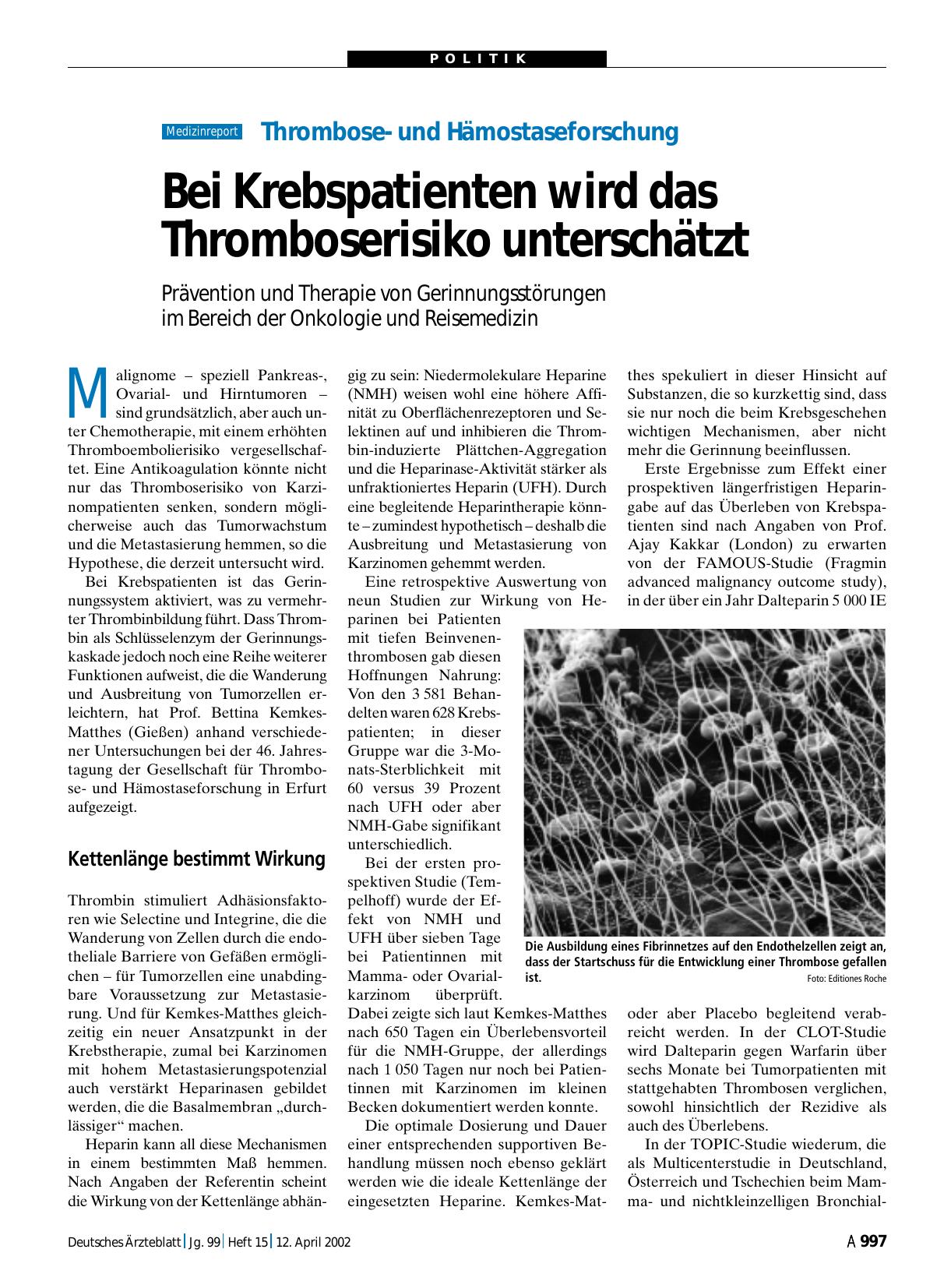 Vorschauseite 1: Thromboseund Hämostaseforschung: Bei Krebspatienten wird das Thromboserisiko unterschätzt