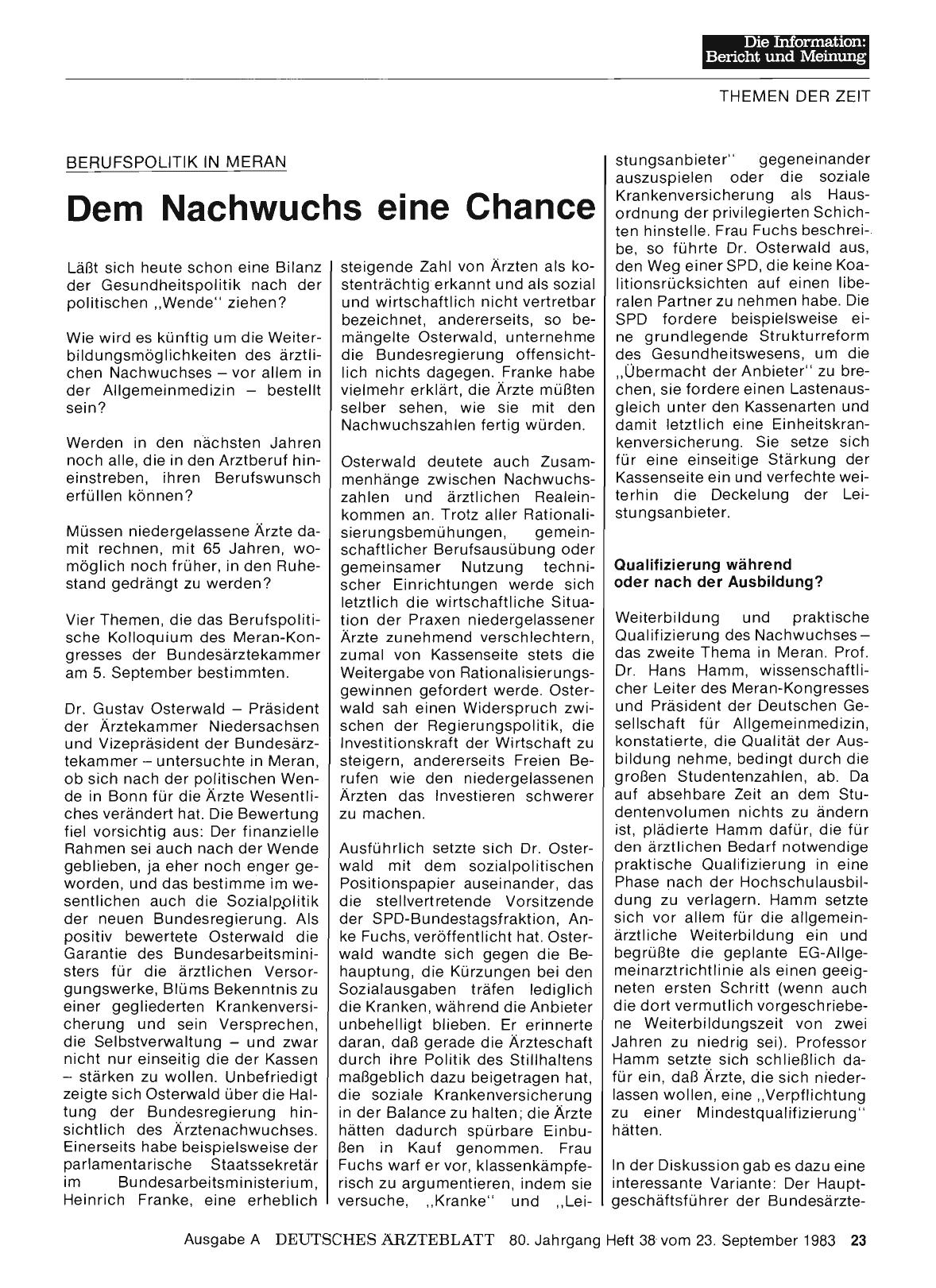 Vorschauseite 1: BERUFSPOLITIK IN MERAN: Dem Nachwuchs eine Chance