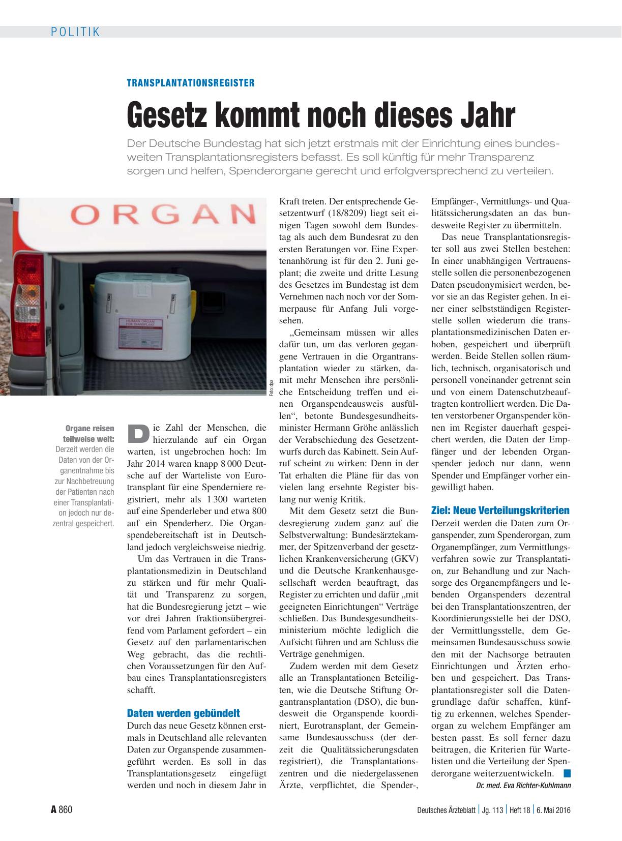 Vorschauseite 1: Transplantationsregister: Gesetz kommt noch dieses Jahr