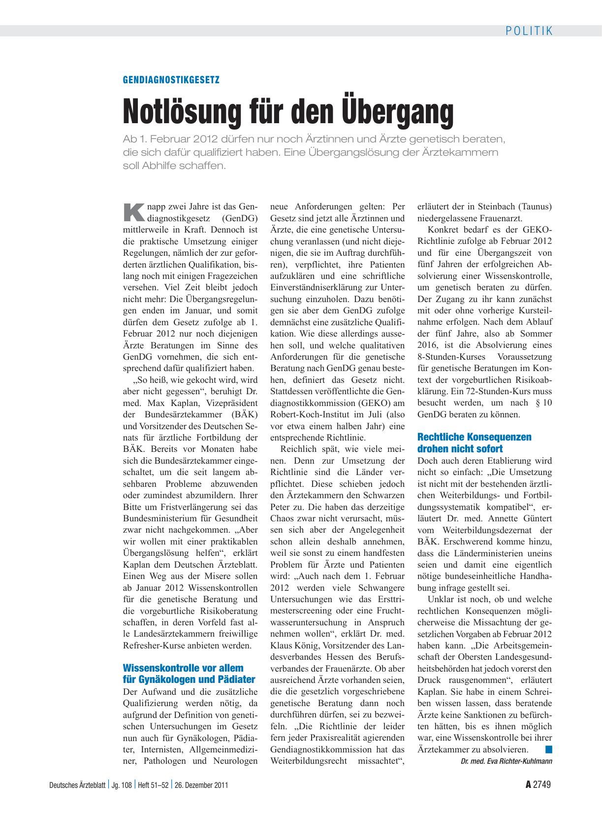 Vorschauseite 1: Gendiagnostikgesetz: Notlösung für den Übergang