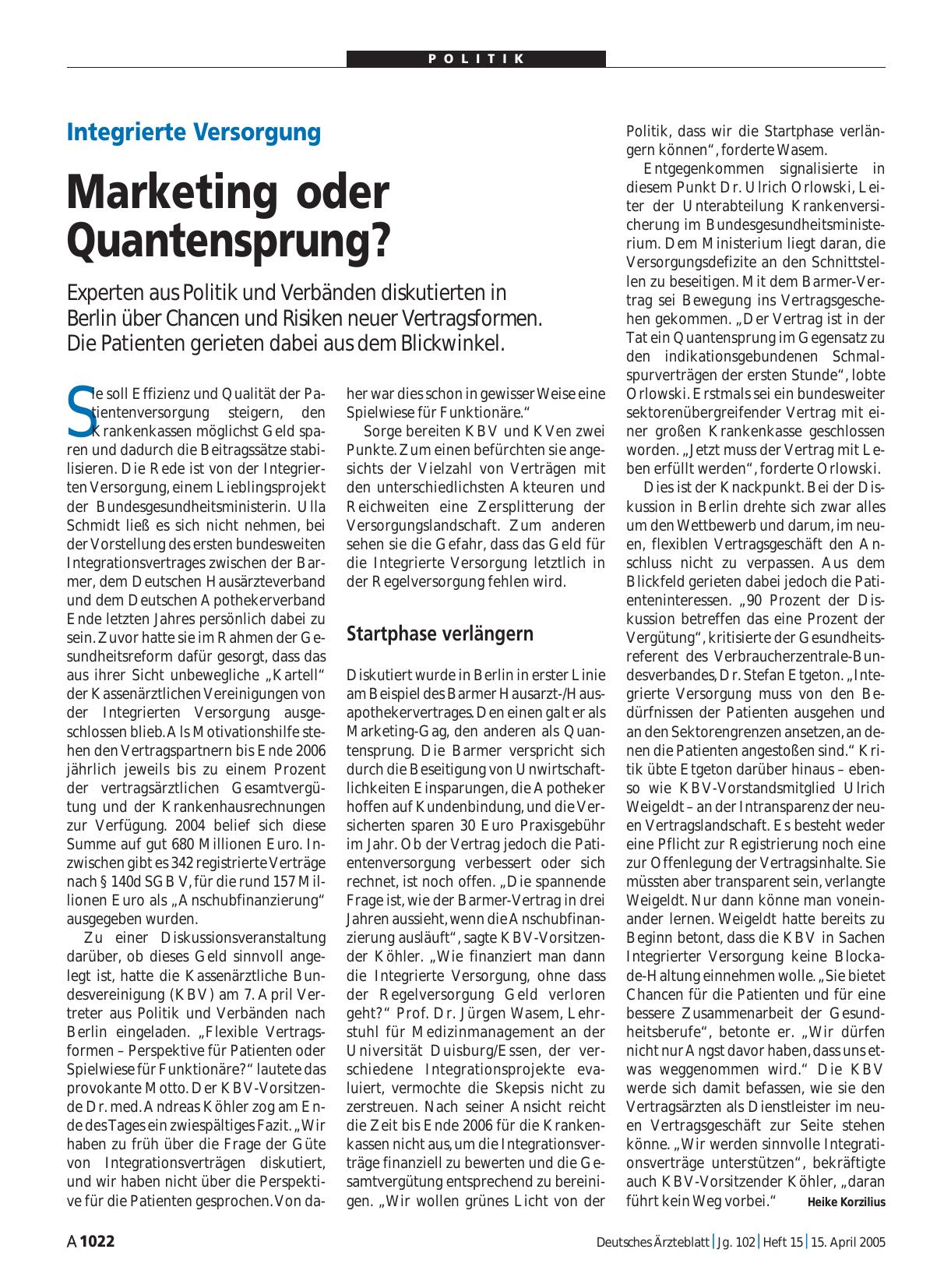 Vorschauseite 1: Integrierte Versorgung: Marketing oder Quantensprung?