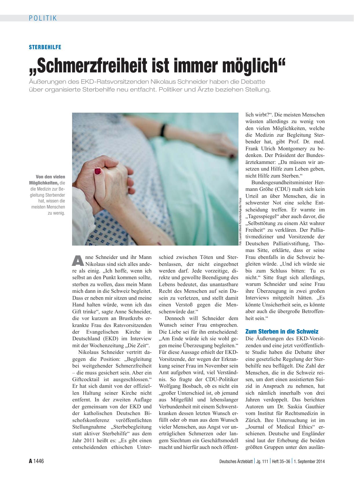 Vorschauseite 1: Sterbehilfe: „Schmerzfreiheit ist immer möglich“
