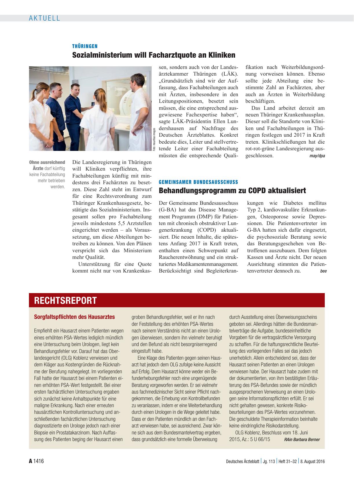 Vorschauseite 1: Thüringen: Sozialministerium will Facharztquote an Kliniken