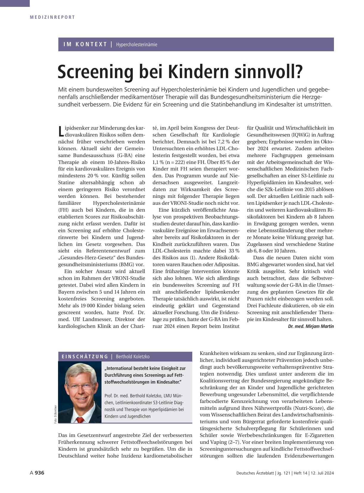 Vorschauseite 1: Hypercholesterinämie: Screening bei Kindern sinnvoll?