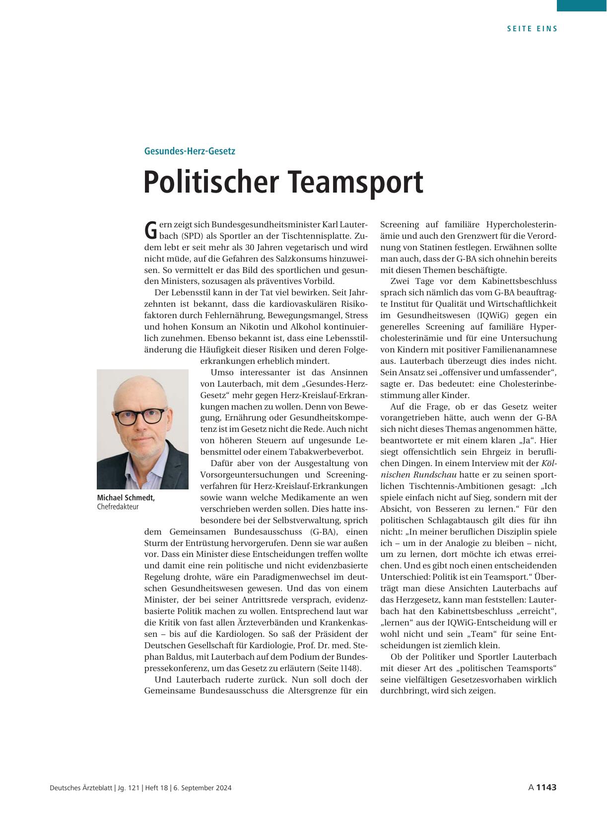 Vorschauseite 1: "Gesundheits-Herz-Gesetz: Politischer Teamsport"