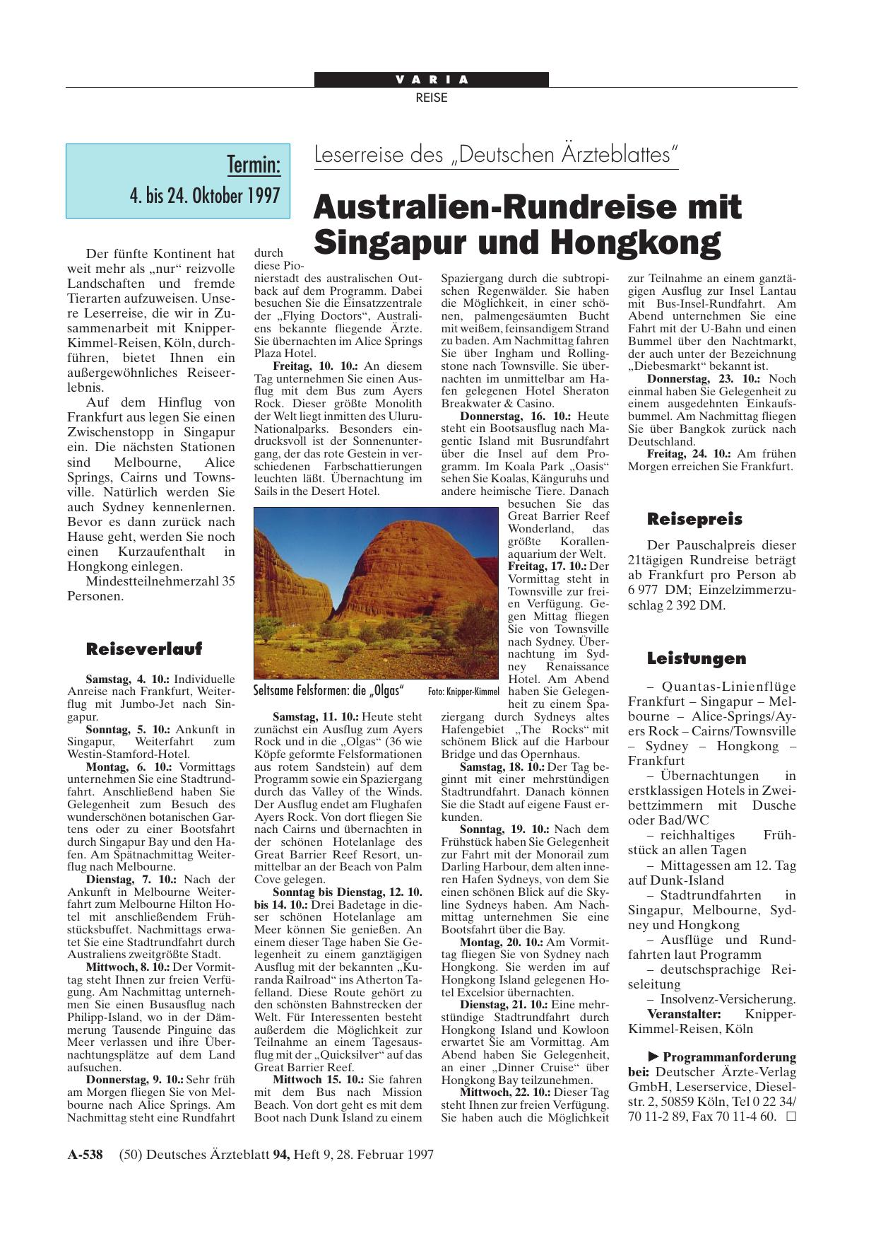 Vorschauseite 1: Leserreise des „Deutschen Ärzteblattes“: Australien-Rundreise mit Singapur und Hongkong