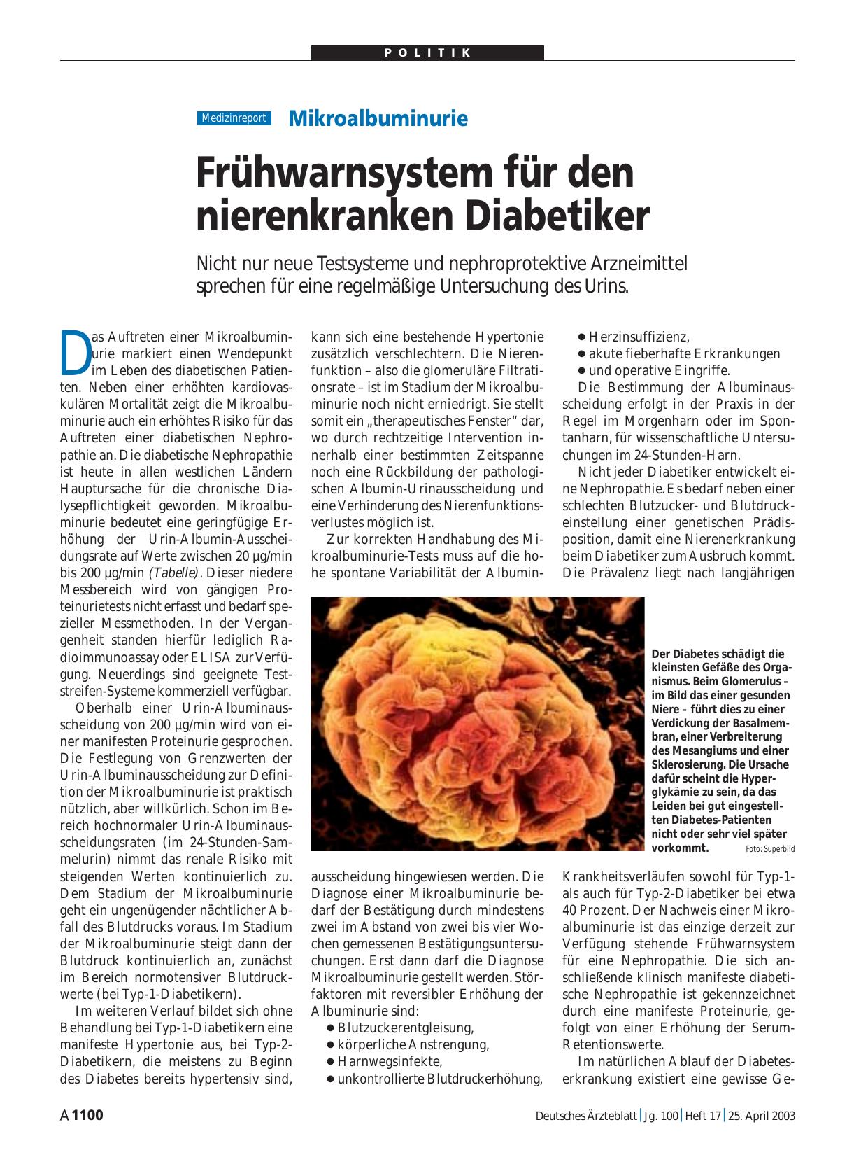 Vorschauseite 1: Mikroalbuminurie: Frühwarnsystem für den nierenkranken Diabetiker
