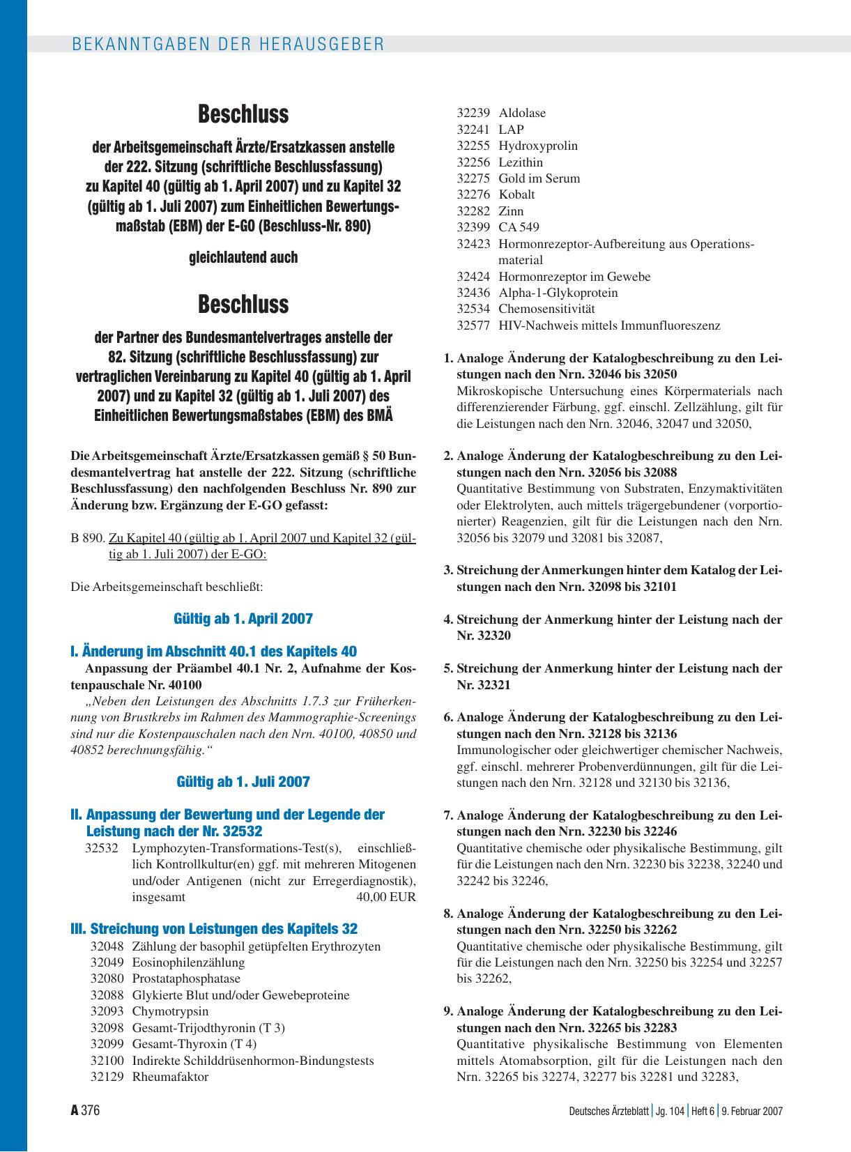 Vorschauseite 1: Beschluss der Arbeitsgemeinschaft Ärzte/Ersatzkassen anstelle der 222. Sitzung zu Kapitel 40 und zu Kapitel 32 zum Einheitlichen Bewertungsmaßstab (EBM) der E-GO (Beschluss-Nr. 89…