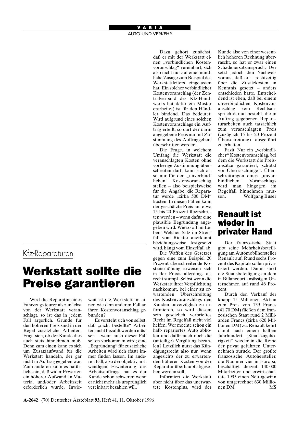 Vorschauseite 1: Kfz-Reparaturen: Werkstatt sollte die Preise garantieren
