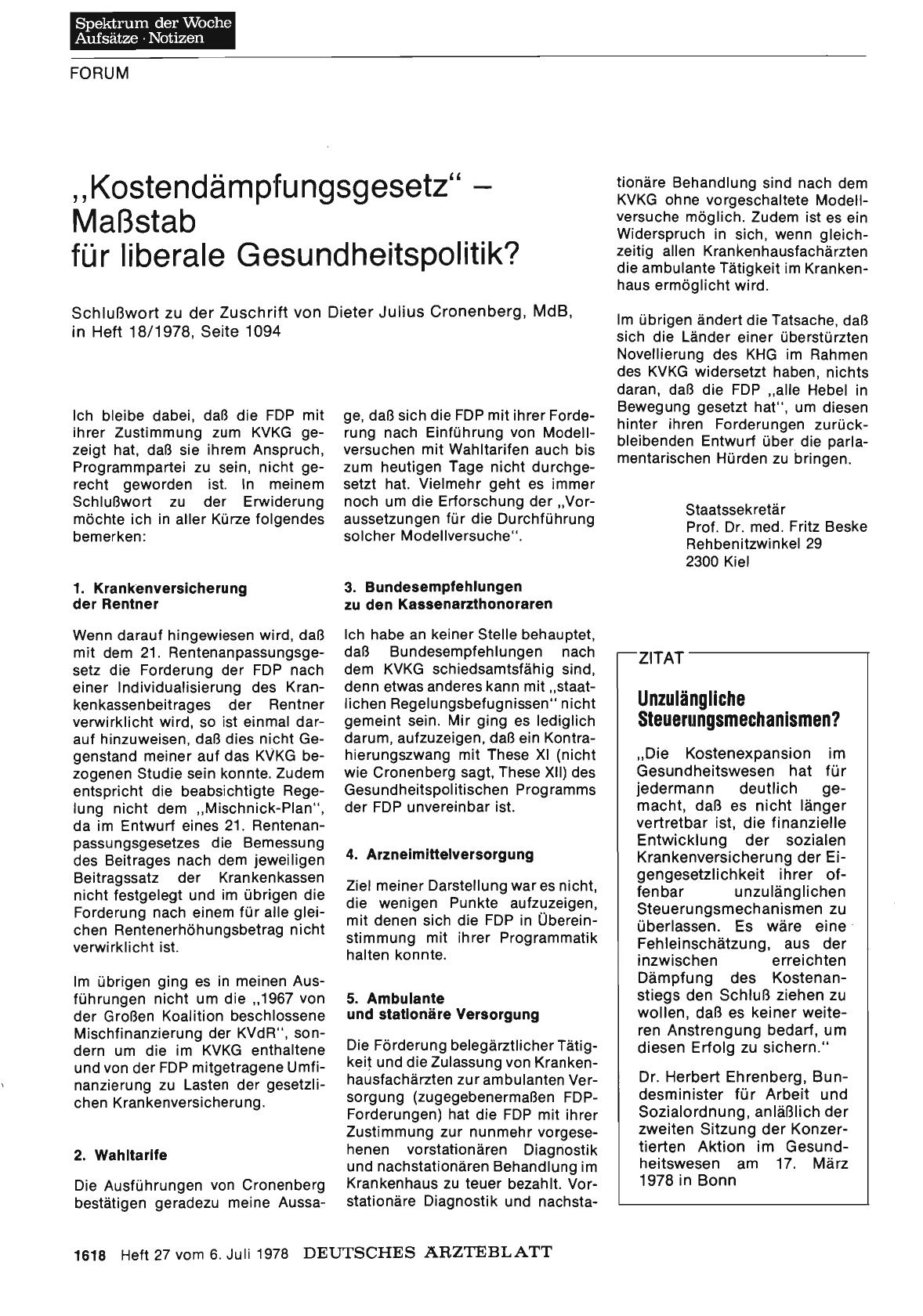 Vorschauseite 1: „Kostendämpfungsgesetz„ — Maßstab für liberale Gesundheitspolitik?
