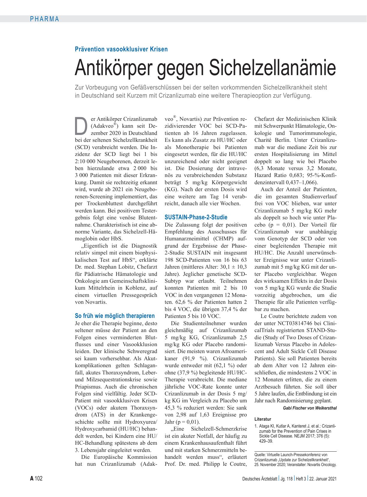 Vorschauseite 1: Prävention vasookklusiver Krisen: Antikörper gegen Sichelzellanämie