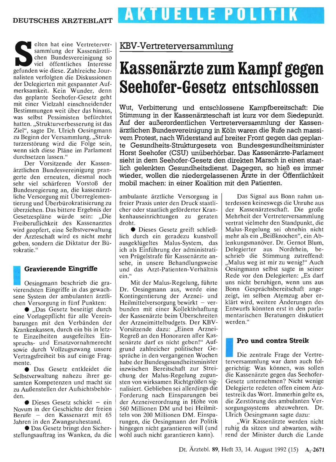 Vorschauseite 1: KBV-Vertreterversammlung: Kassenärzte zum Kampf gegen Seehofer-Gesetz entschlossen