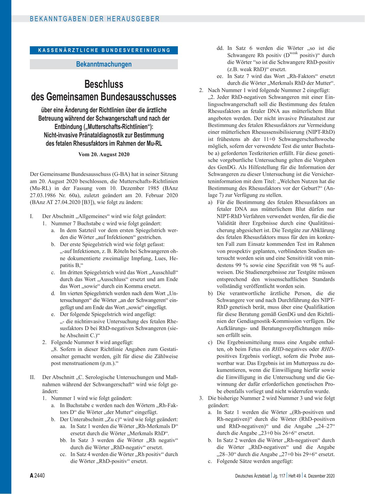 Vorschauseite 1: Beschluss des Gemeinsamen Bundesausschusses über eine Änderung der Richtlinien über die ärztliche Betreuung während der Schwangerschaft und nach der Entbindung („Mutterschafts-Ric…
