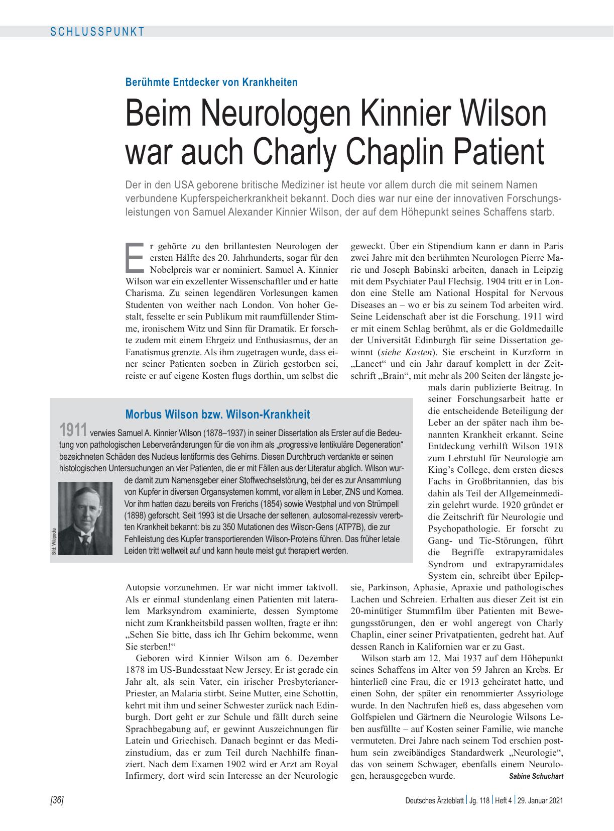 Vorschauseite 1: Berühmte Entdecker von Krankheiten: Beim Neurologen Kinnier Wilson war auch Charly Chaplin Patient