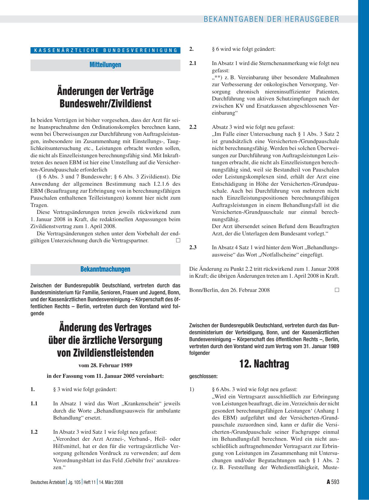Vorschauseite 1: Bekanntmachungen: Änderung des Vertrages über die ärztliche Versorgung von Zivildienstleistenden vom 28. Februar 1989