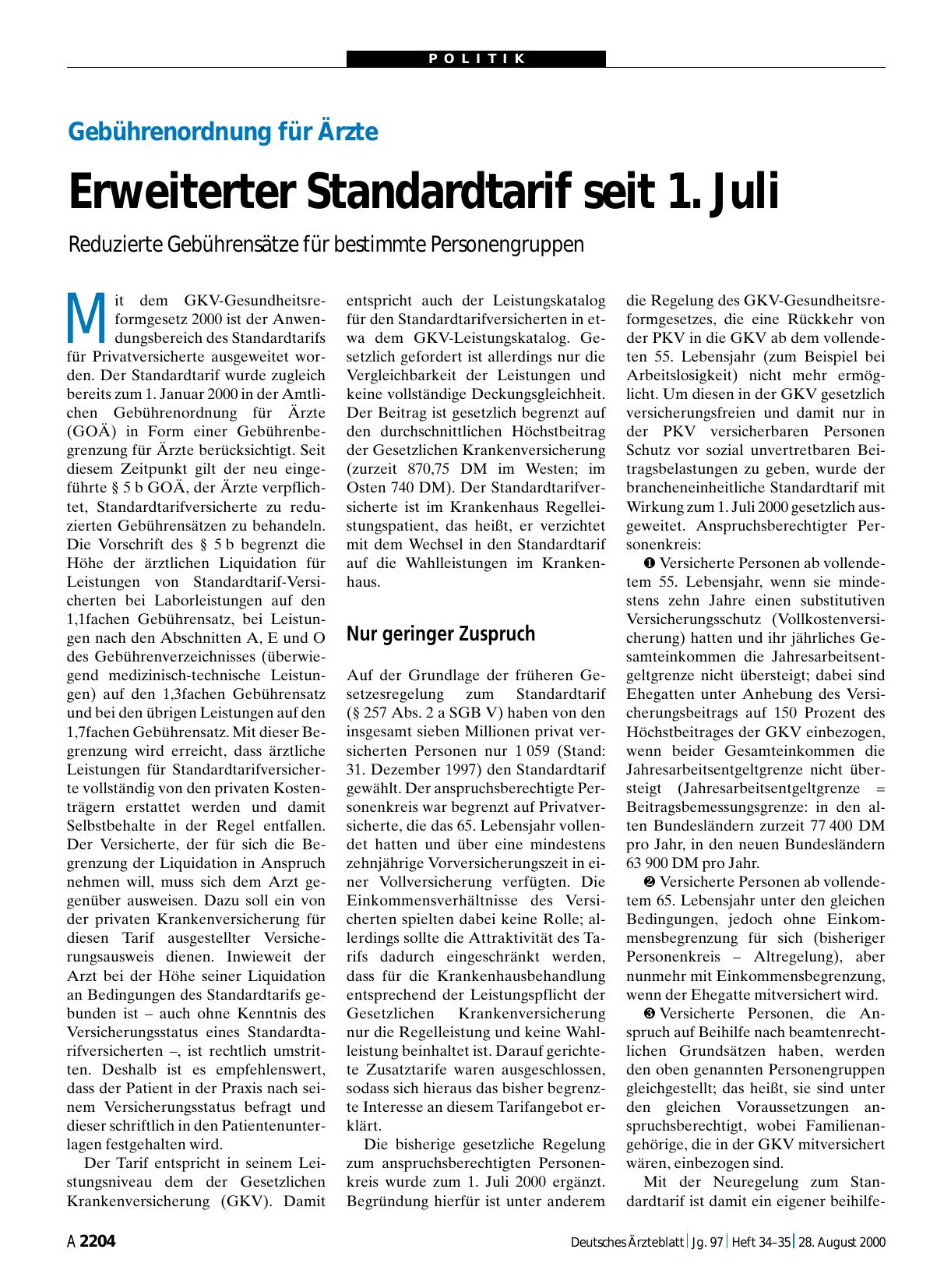 Vorschauseite 1: Gebührenordnung für Ärzte: Erweiterter Standardtarif seit 1. Juli