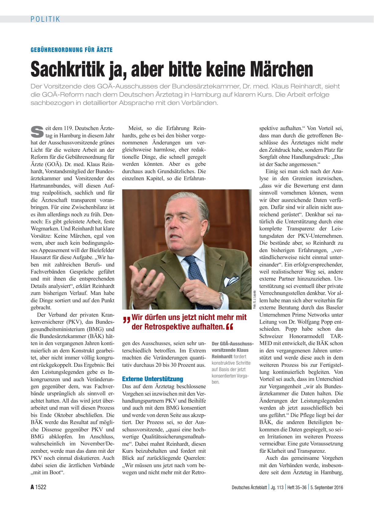 Vorschauseite 1: Gebührenordnung für Ärzte: Sachkritik ja, aber bitte keine Märchen