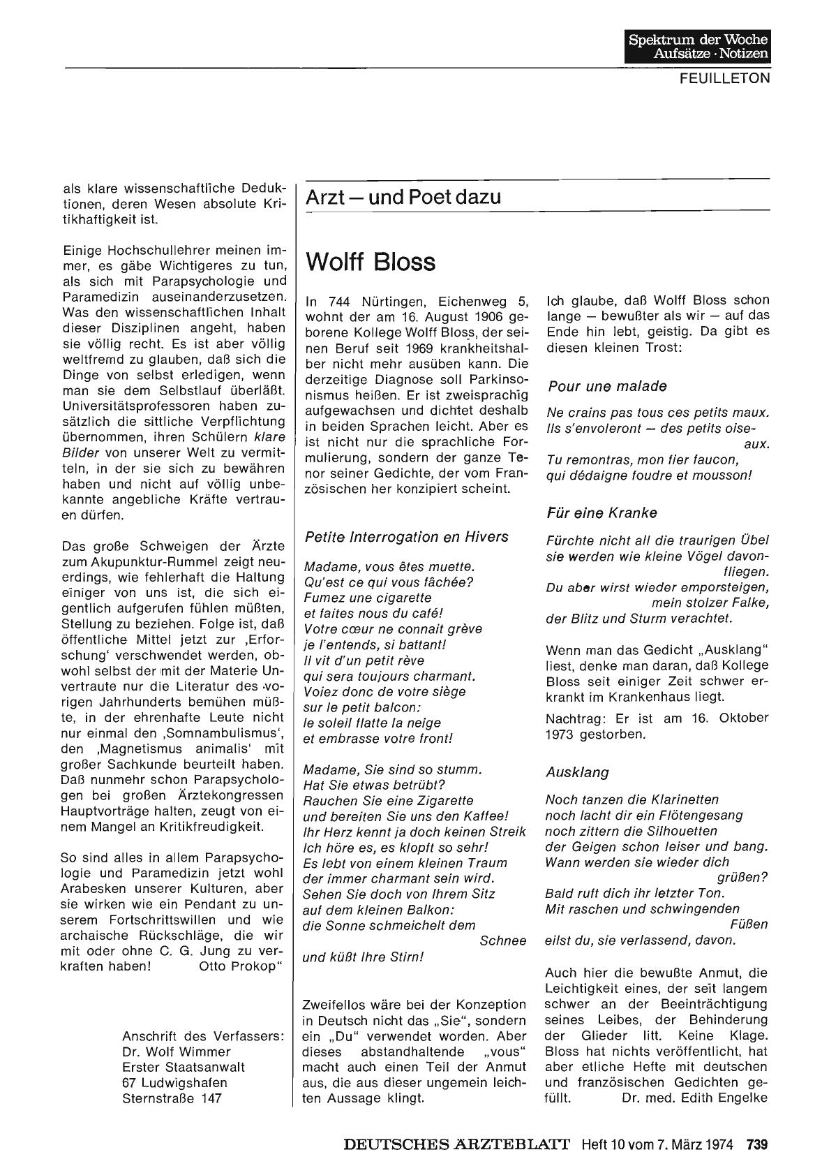 Vorschauseite 1: Arzt — und Poet dazu: Wolff Bloss