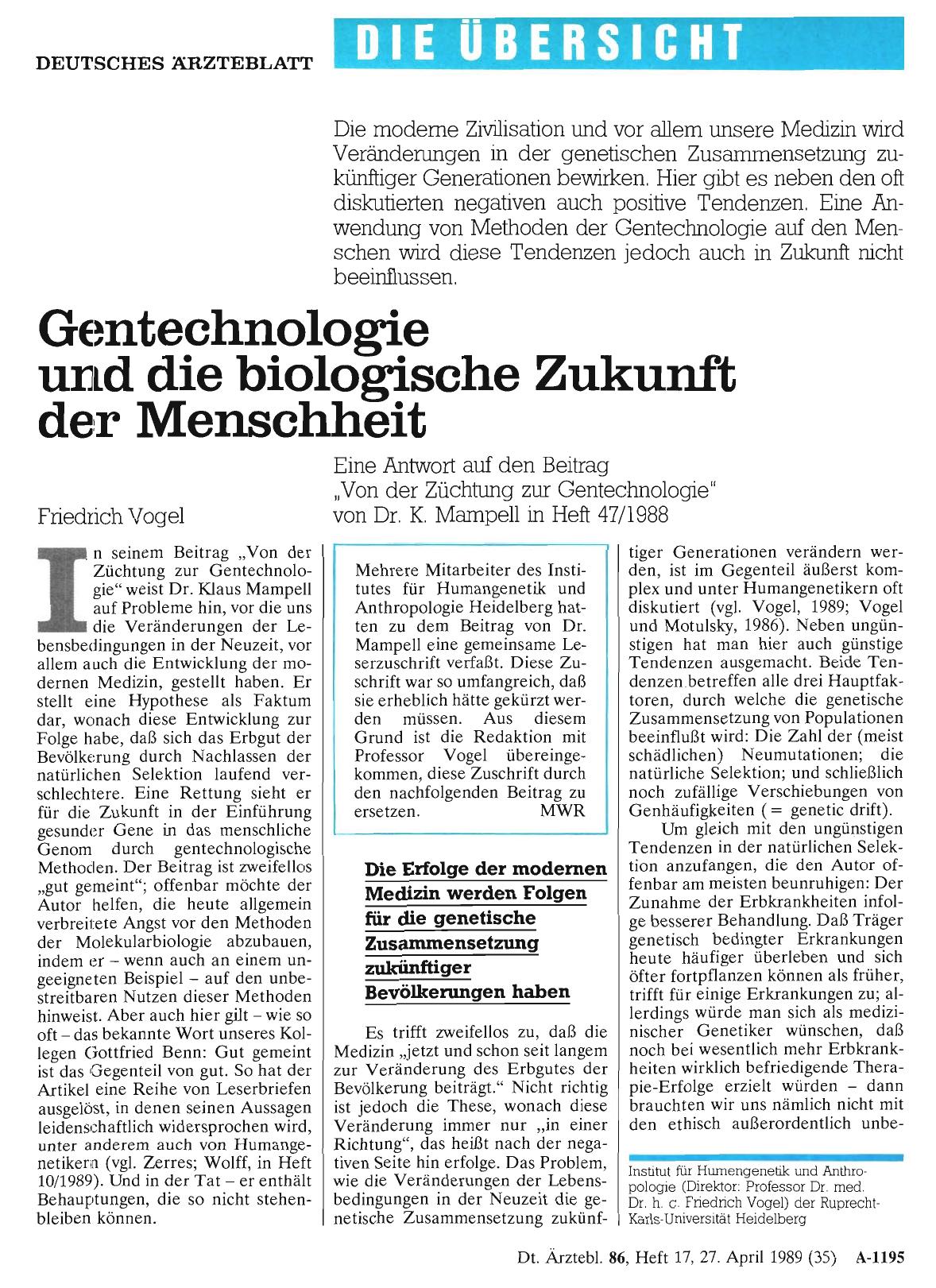 Vorschauseite 1: Gentechnologie und die biologische Zukunft der Menschheit