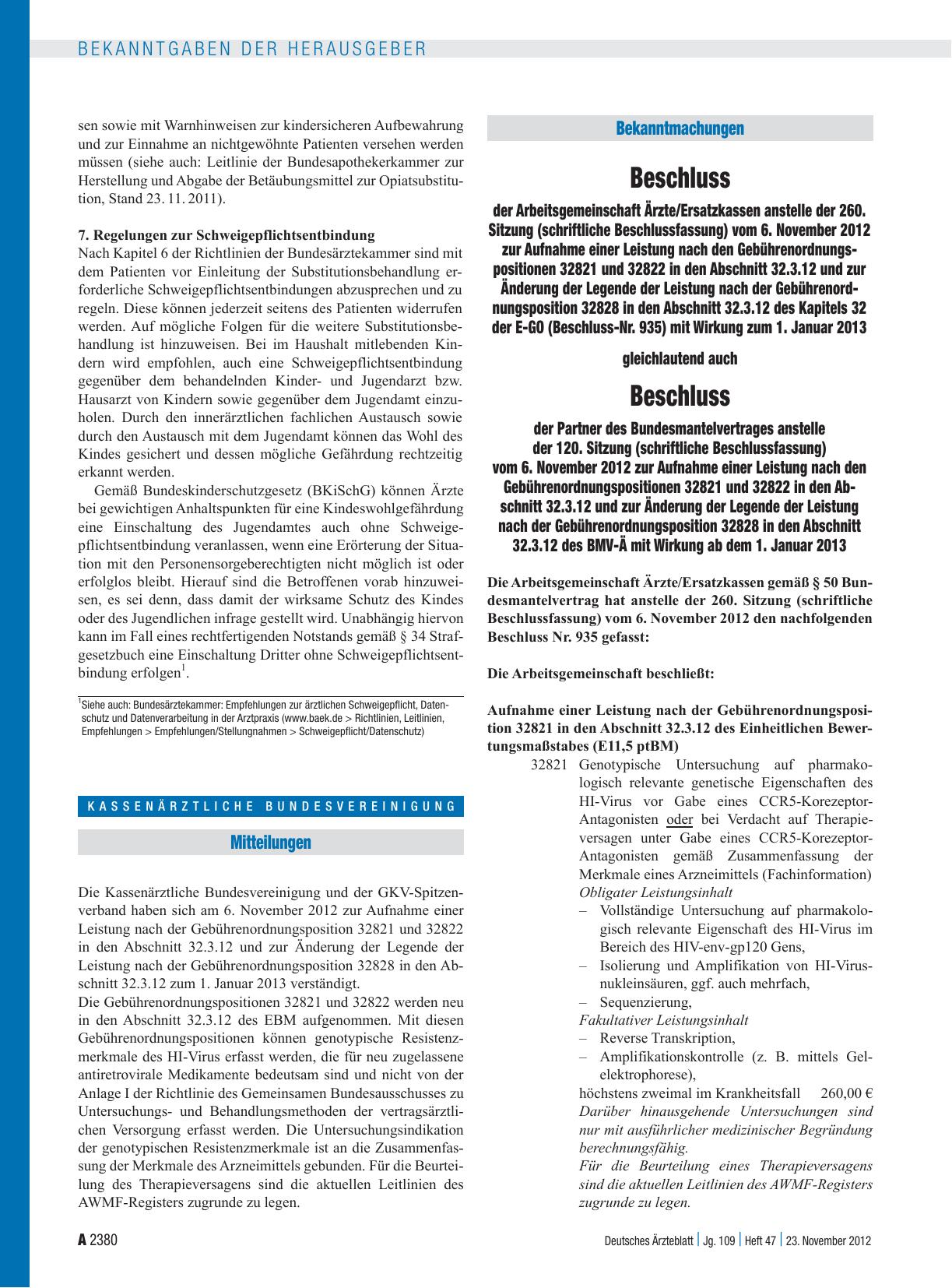 Vorschauseite 1: Beschluss der Arbeitsgemeinschaft Ärzte/Ersatzkassen anstelle der 260. Sitzung (schriftliche Beschlussfassung) vom 6. November 2012