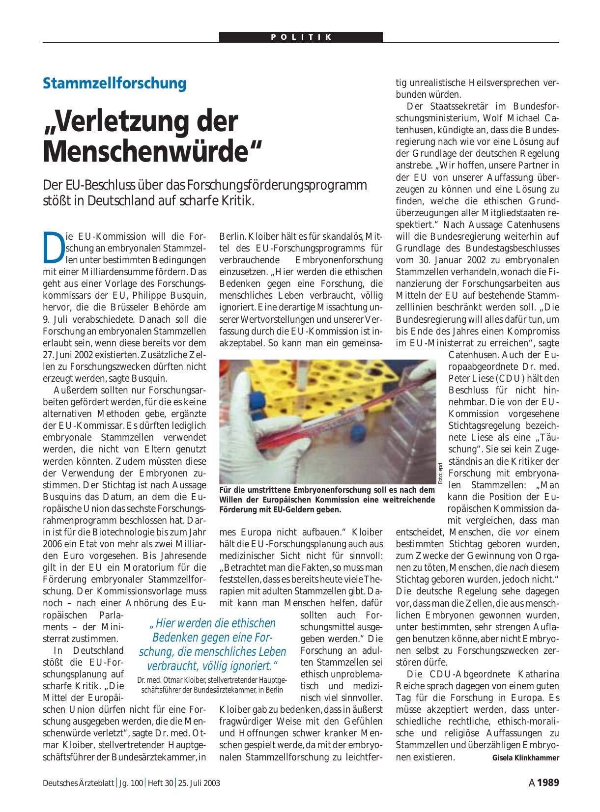 Vorschauseite 1: Stammzellforschung: „Verletzung der Menschenwürde“