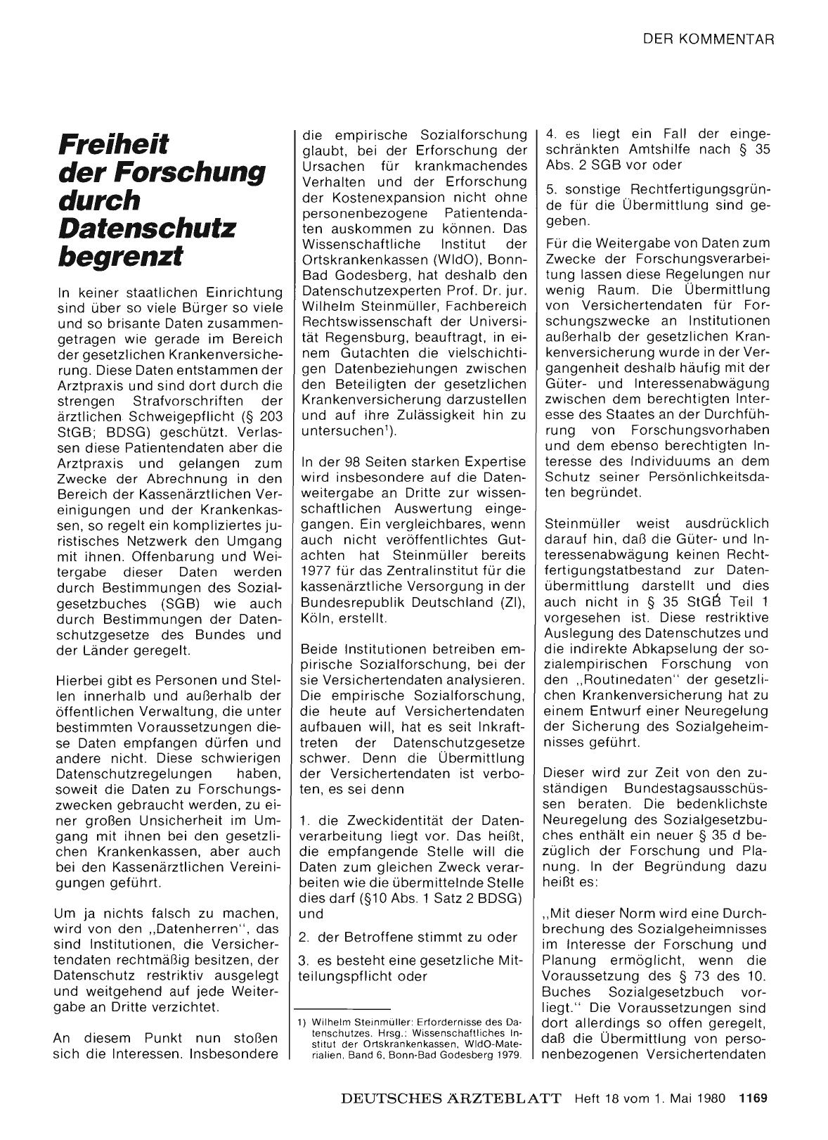 Vorschauseite 1: Freiheit der Forschung durch Datenschutz begrenzt