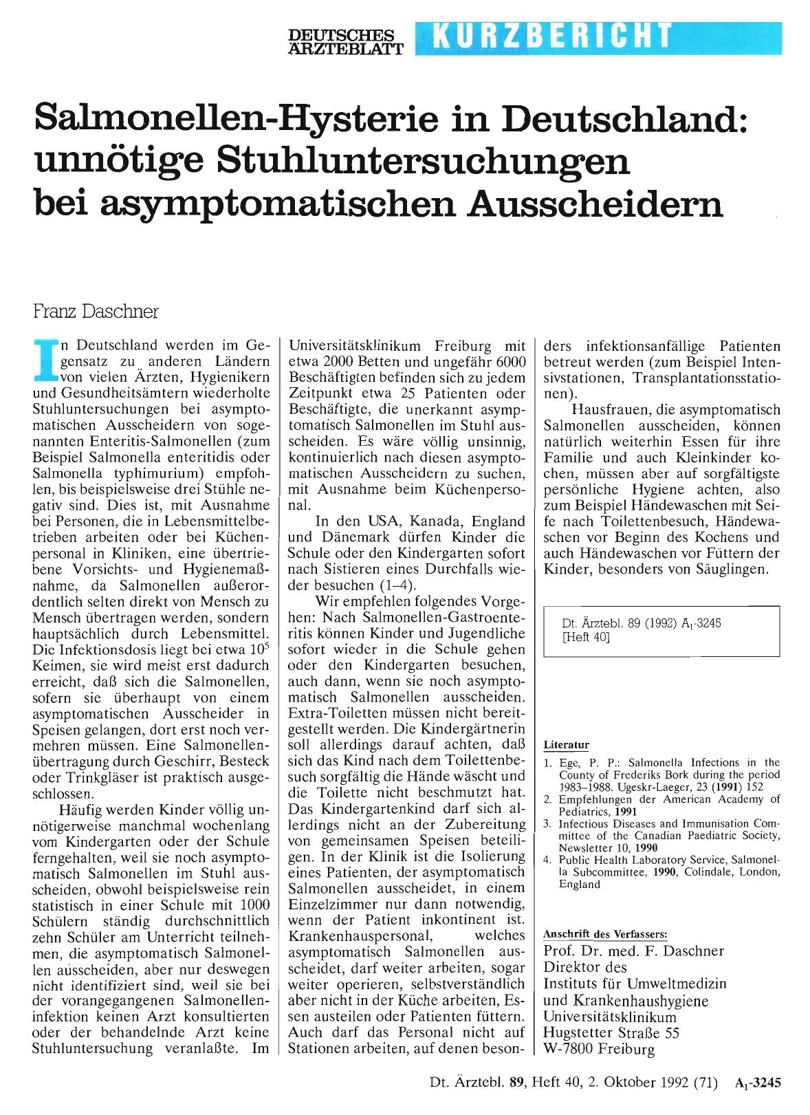 Vorschauseite 1: Salmonellen-Hysterie in Deutschland: unnötige Stuhluntersuchungen bei asymptomatischen Ausscheidern