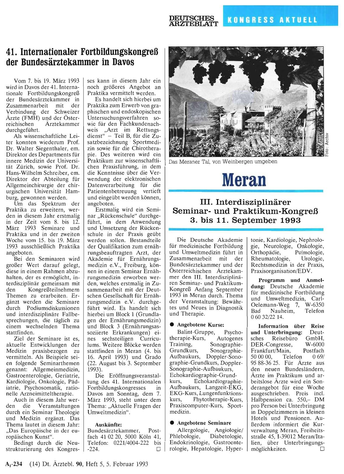 Vorschauseite 1: Meran III. Interdisziplinärer Seminarund Praktikum-Kongreß 3. bis 11. September 1993