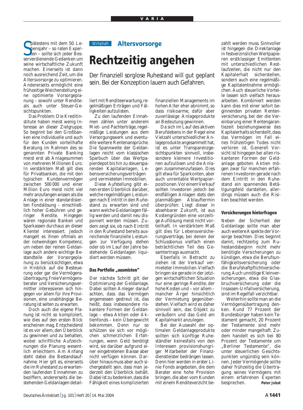 Vorschauseite 1: Altersvorsorge: Rechtzeitig angehen