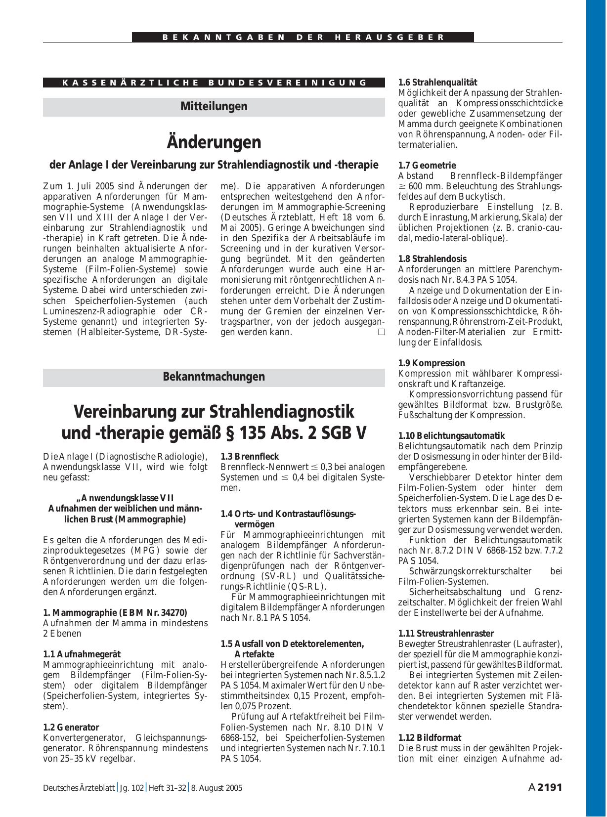 Vorschauseite 1: Änderungen der Anlage I der Vereinbarung zur Strahlendiagnostik und -therapie