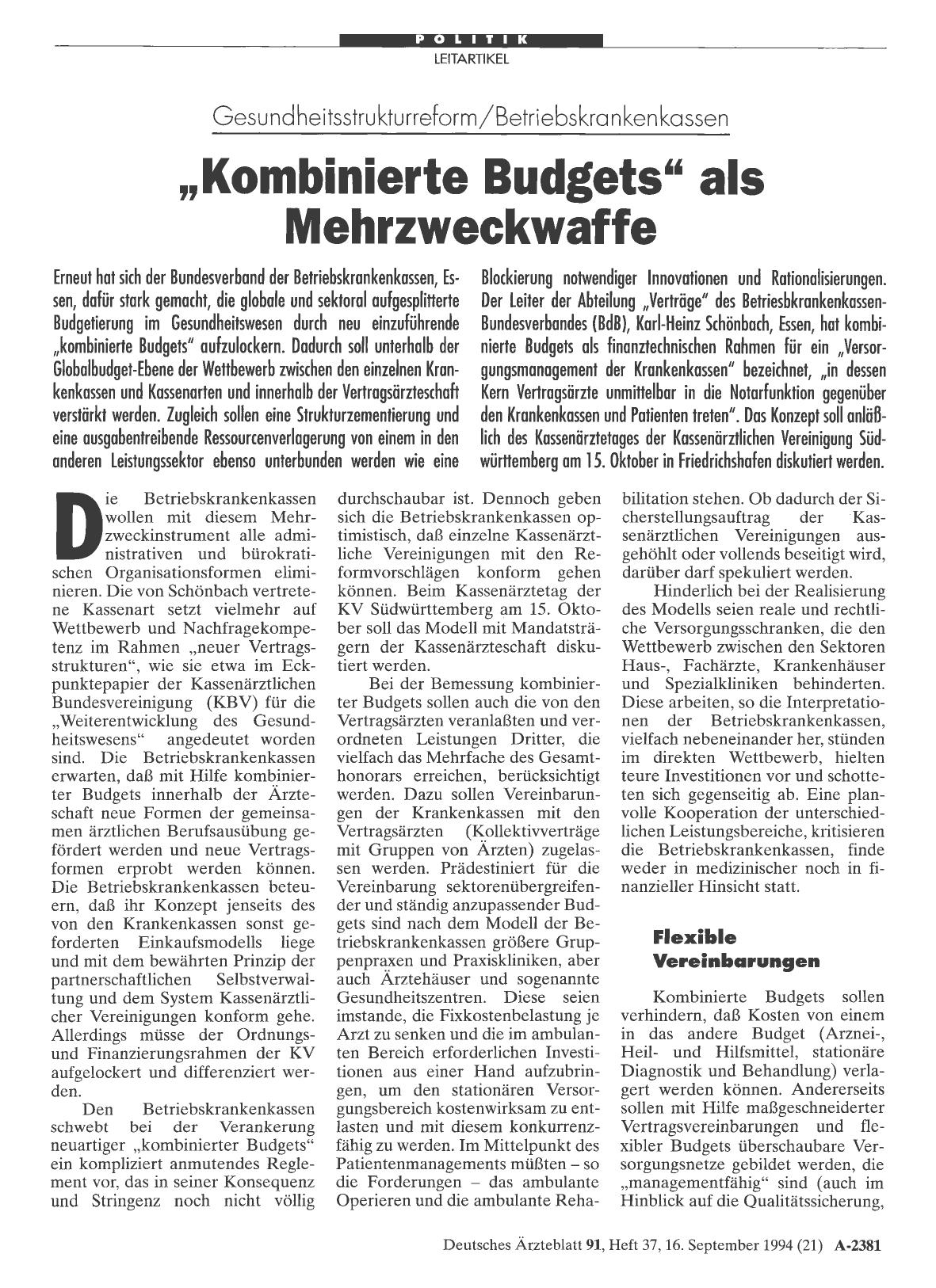 Vorschauseite 1: Gesundheitsstrukturreform/Betriebskrankenkassen: „Kombinierte Budgets“ als Mehrzweckwaffe