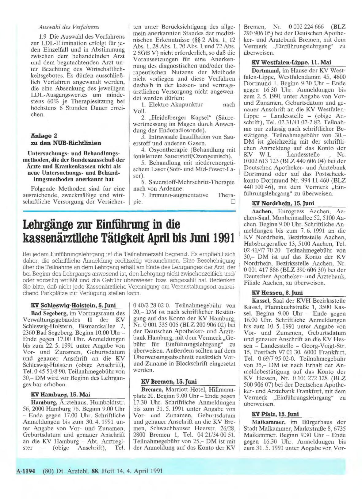 Vorschauseite 1: Lehrgänge zur Einführung in die kassenärztliche Tätigkeit April bis Juni 1991
