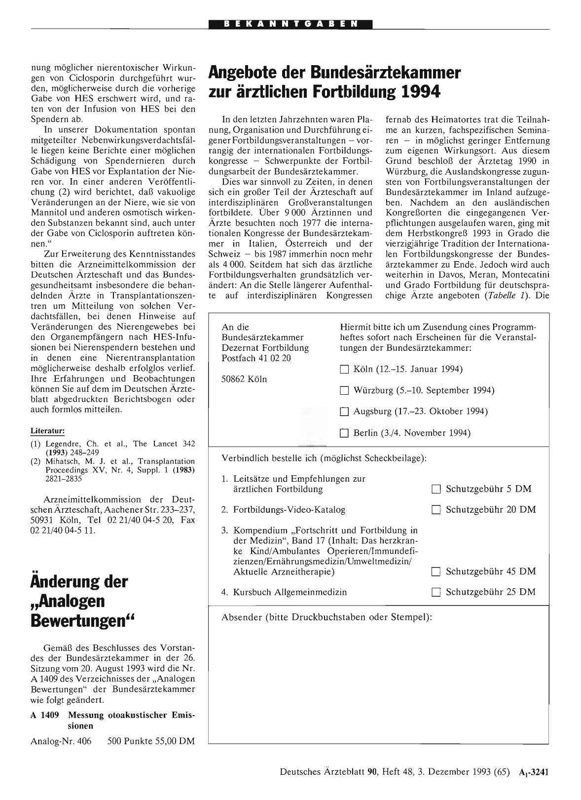 Vorschauseite 1: Angebote der Bundesärztekammer zur ärztlichen Fortbildung 1994