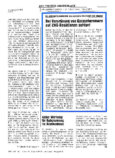 Vorschauseite 1: Bei Verordnung von Gyrasehemmern auf ZNS-Reaktionen achten!