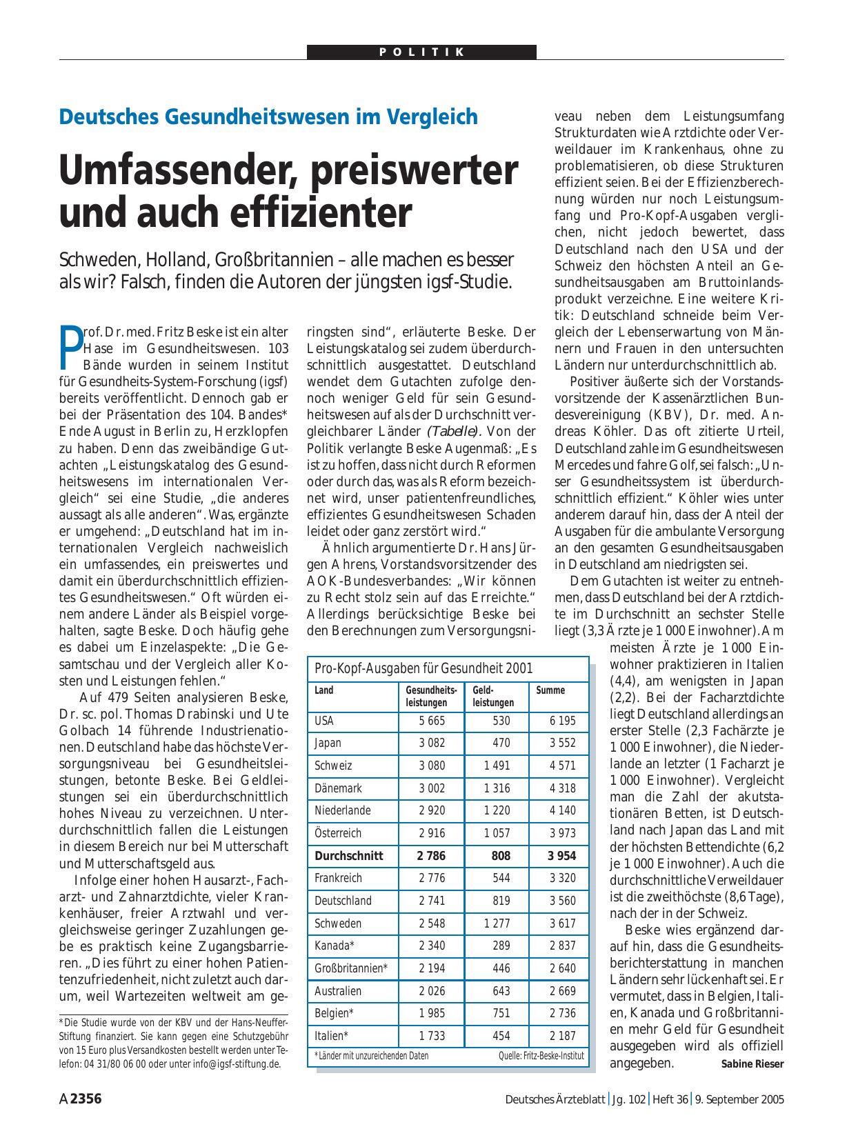 Vorschauseite 1: Deutsches Gesundheitswesen im Vergleich: Umfassender, preiswerter und auch effizienter