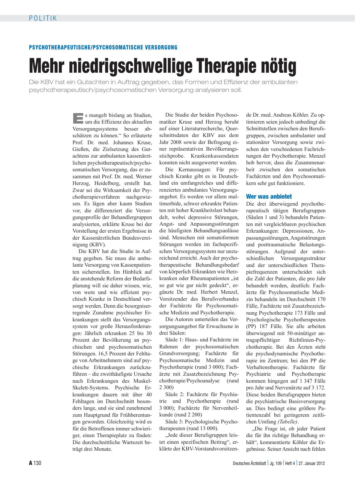 Vorschauseite 1: Psychotherapeutische/psychosomatische Versorgung: Mehr niedrigschwellige Therapie nötig