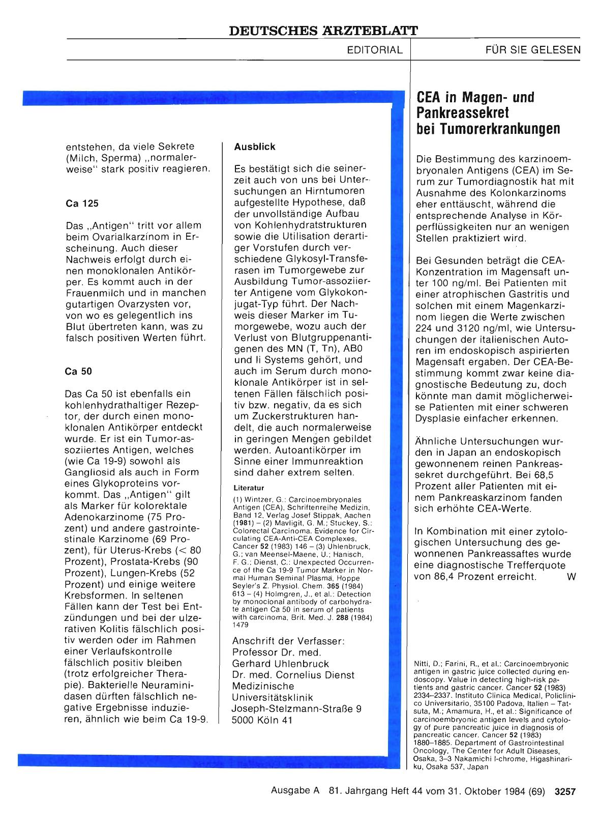 Vorschauseite 1: CEA in Magenund Pankreassekret bei Tumorerkrankungen