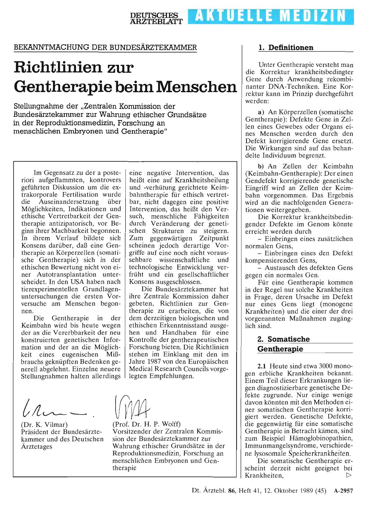 Vorschauseite 1: BEKANNTMACHUNG DER BUNDESÄRZTEKAMMER: Richtlinien zur Gentherapie beim Menschen