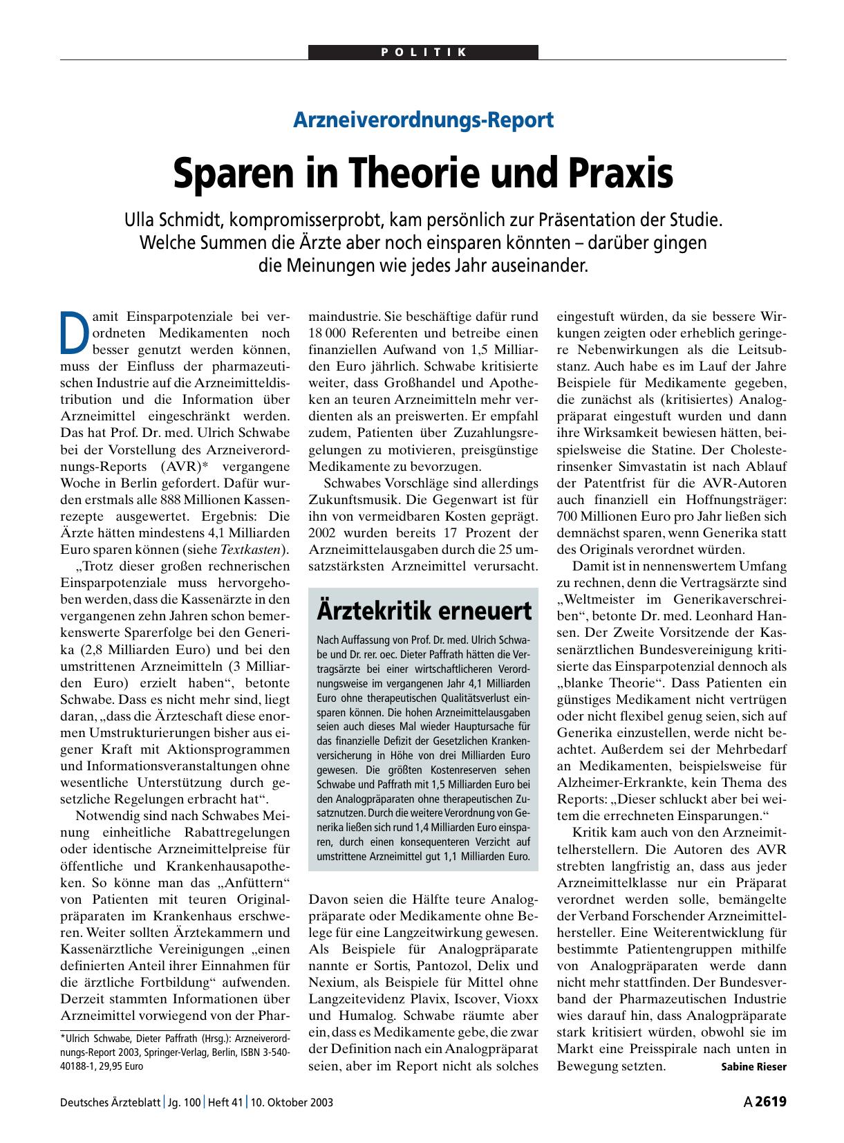 Vorschauseite 1: Arzneiverordnungs-Report: Sparen in Theorie und Praxis