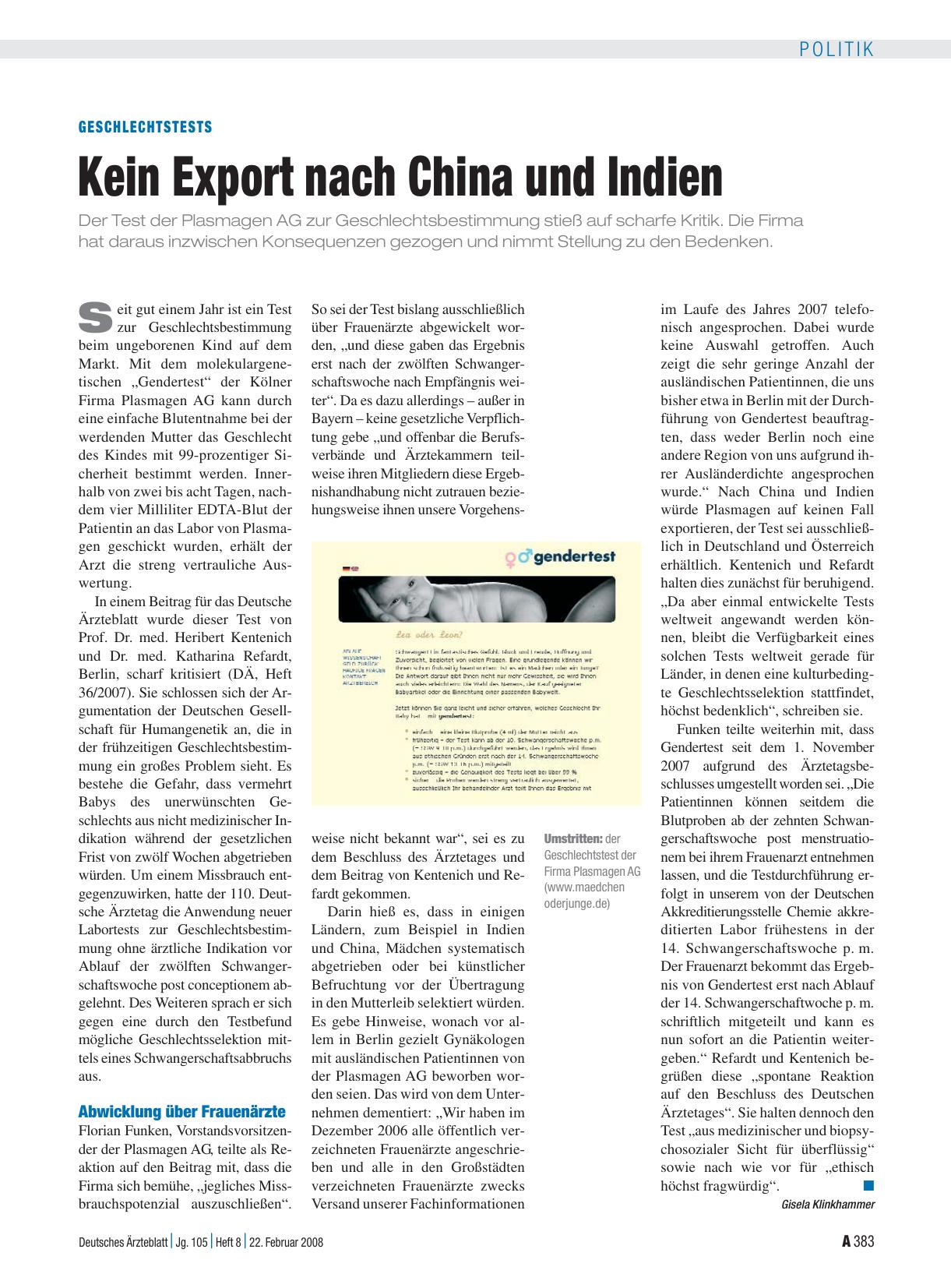 Vorschauseite 1: Geschlechtstests: Kein Export nach China und Indien