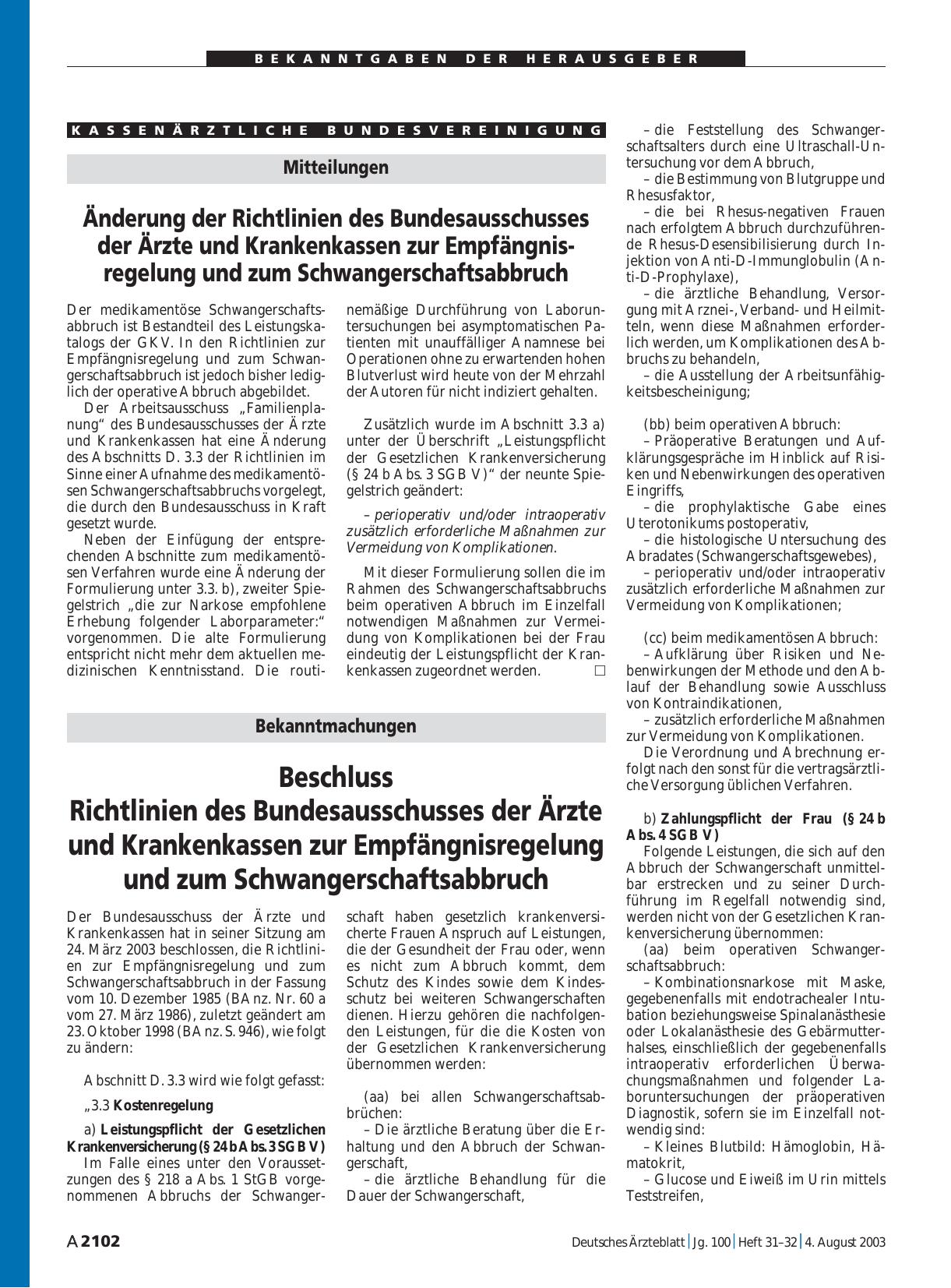Vorschauseite 1: Bekanntmachungen: Beschluss Richtlinien des Bundesausschusses der Ärzte und Krankenkassen zur Empfängnisregelung und zum Schwangerschaftsabbruch