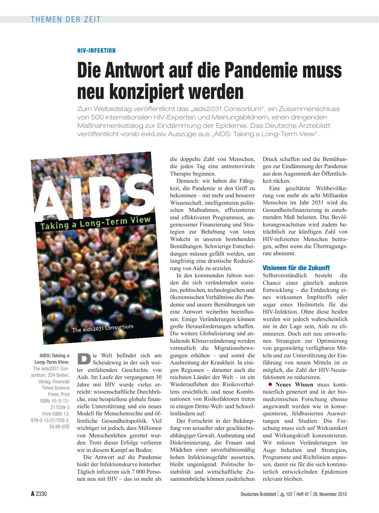Vorschauseite 1: HIV-Infektion: Die Antwort auf die Pandemie muss neu konzipiert werden