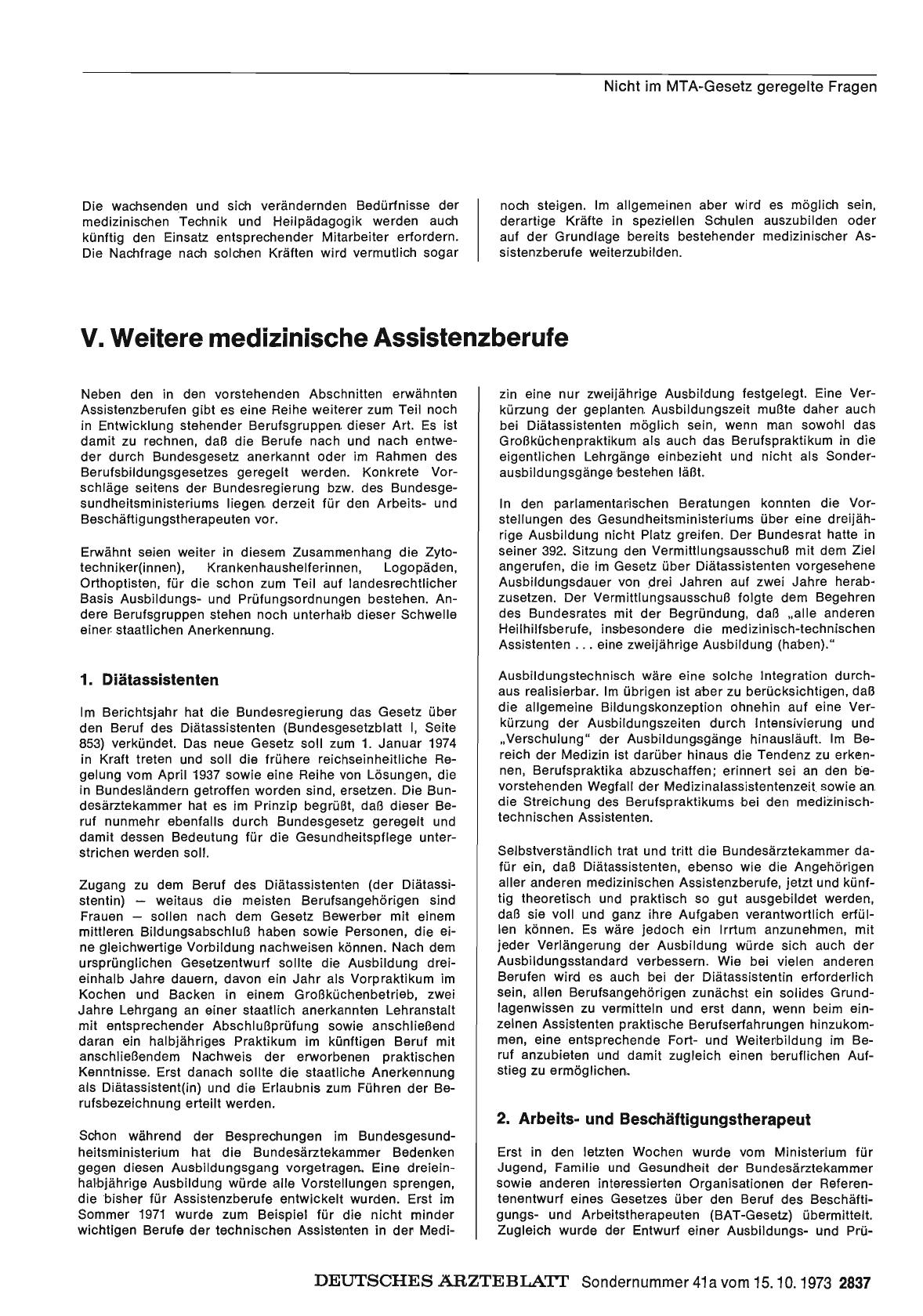 Vorschauseite 1: Bericht über das Jahr 1972/73: H. Medizinische Assistenzberufe: V. Weitere medizinische Assistenzberufe
