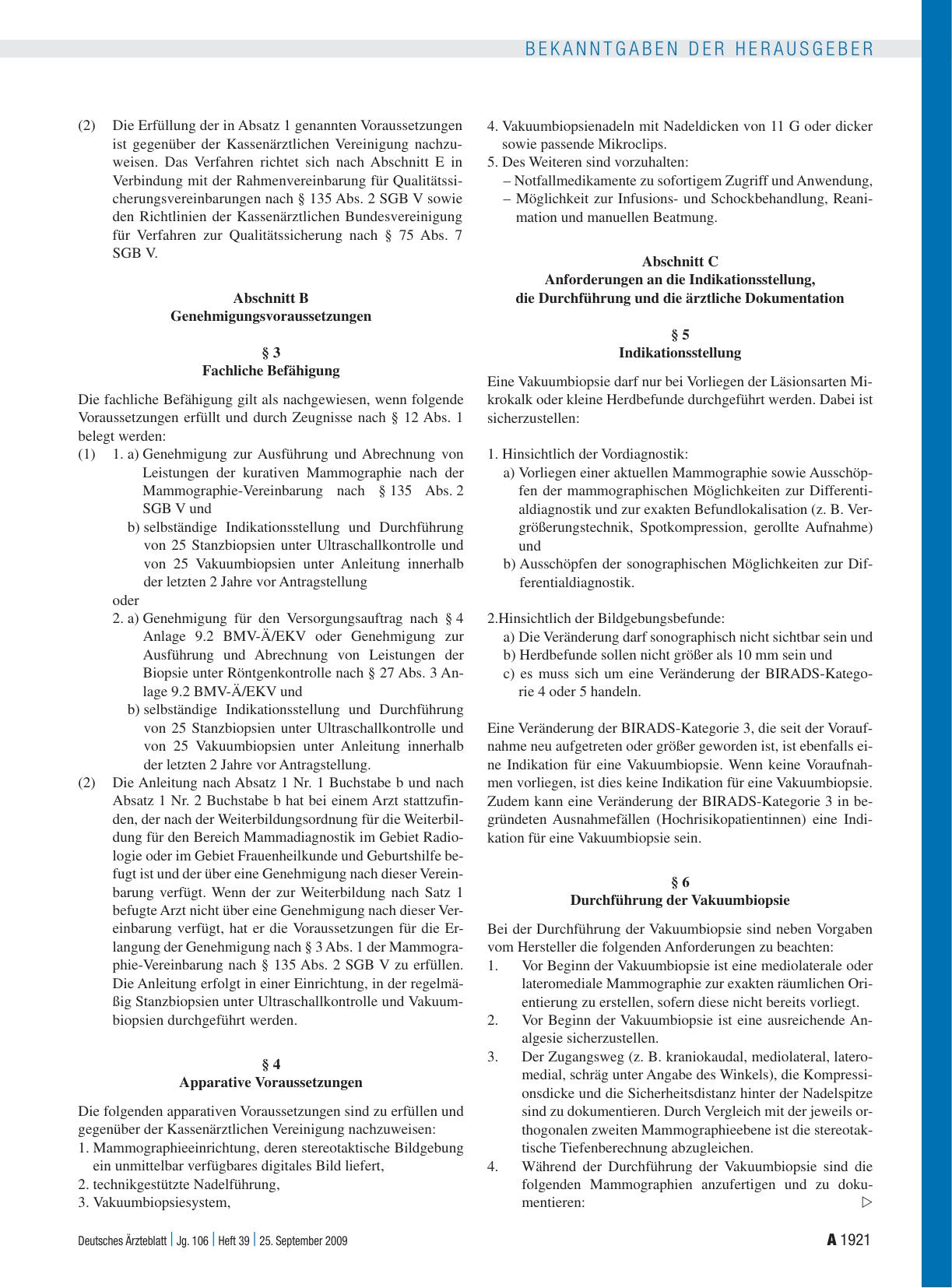 Vorschauseite 2: Bekanntmachungen: Vereinbarung von Qualitätssicherungsmaßnahmen nach § 135 Abs. 2 SGB V zur Vakuumbiopsie der Brust (Qualitätssicherungsvereinbarung zur Vakuumbiopsie der Brust) v…