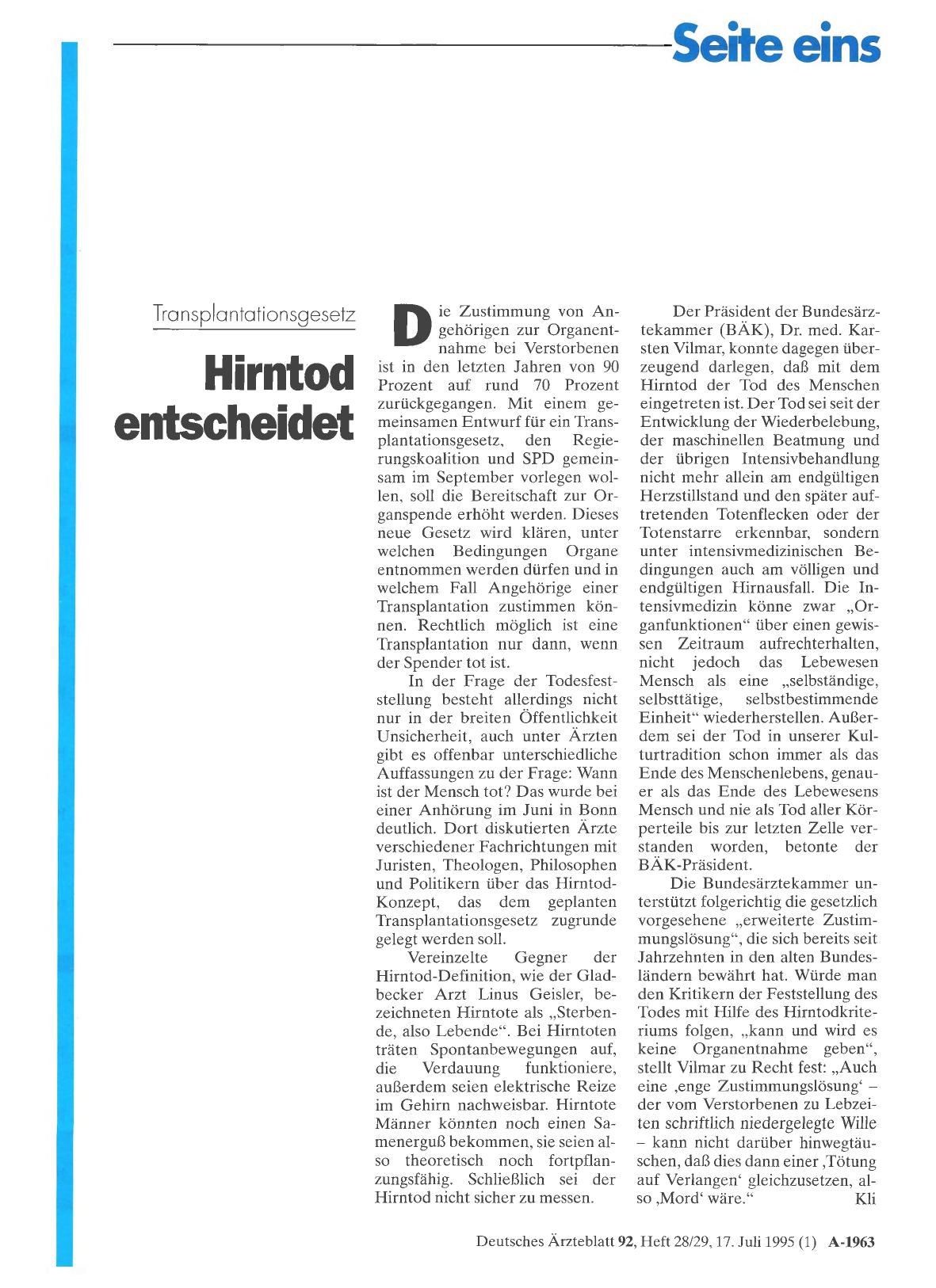 Vorschauseite 1: Transplantationsgesetz: Hirntod entscheidet