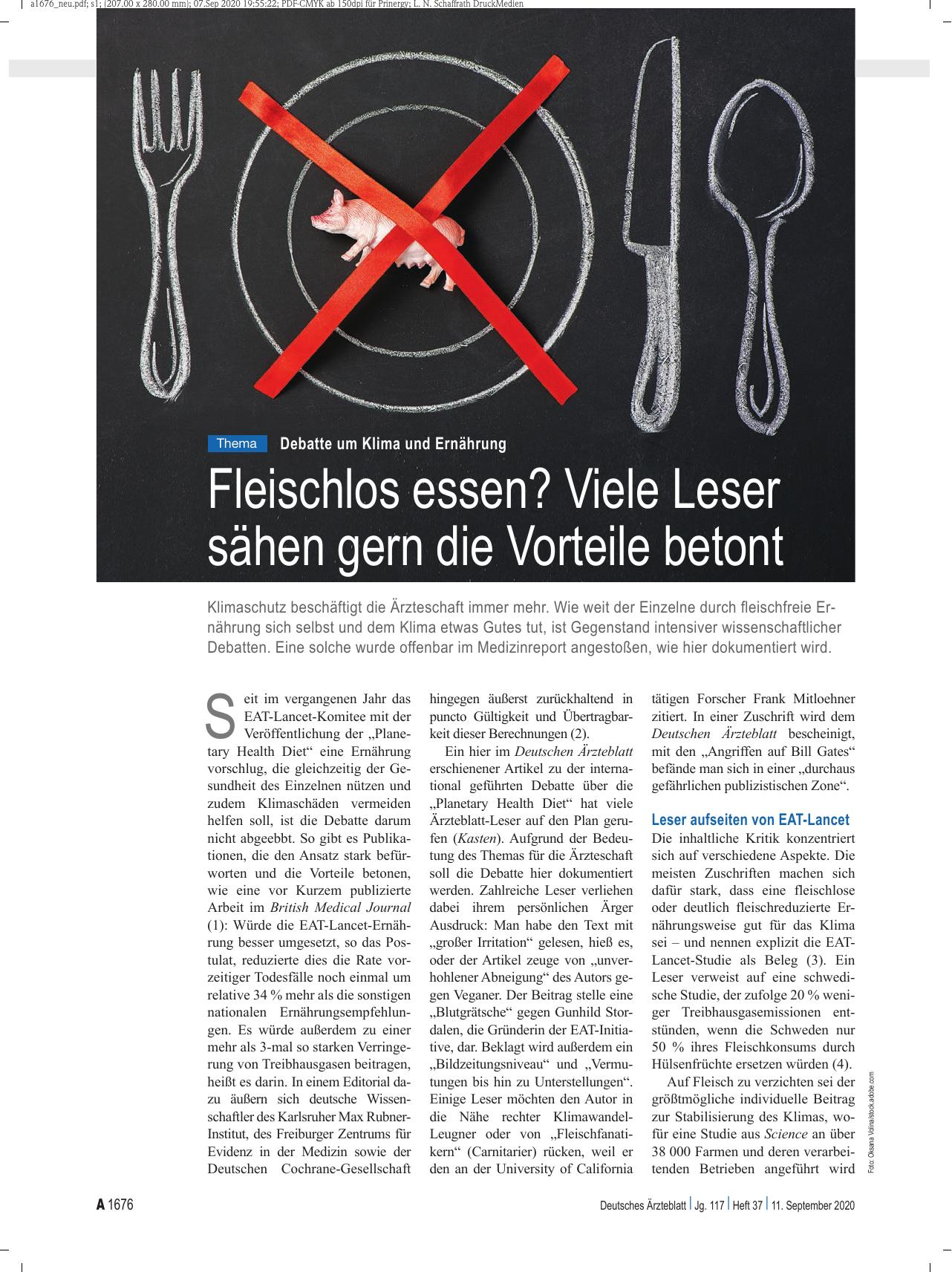 Vorschauseite 1: Debatte um Klima und Ernährung: Fleischlos essen? Viele Leser sähen gern die Vorteile betont