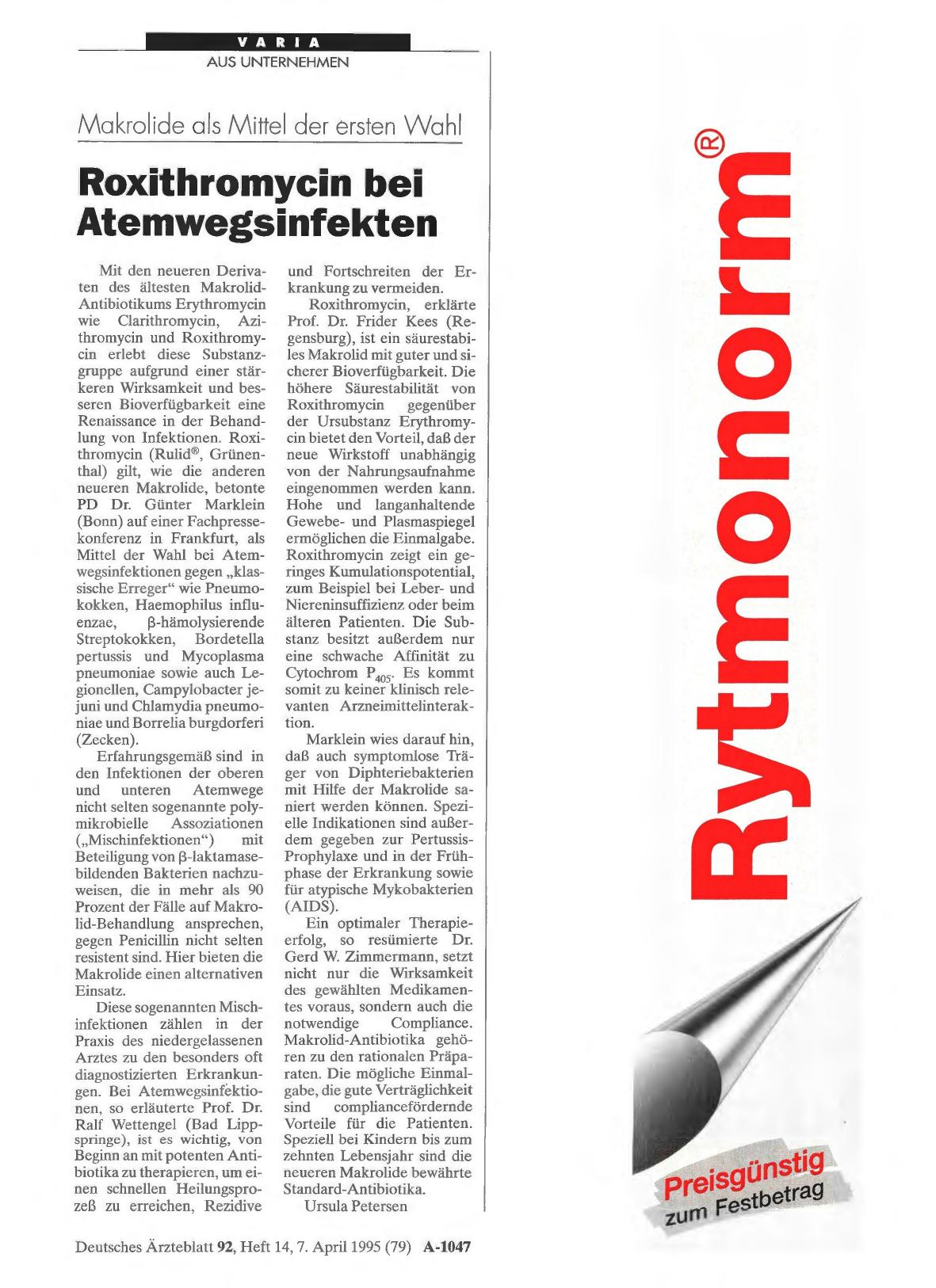 Vorschauseite 1: Makrolide als Mittel der ersten Wahl: Roxithromycin bei Atemwegsinfekten