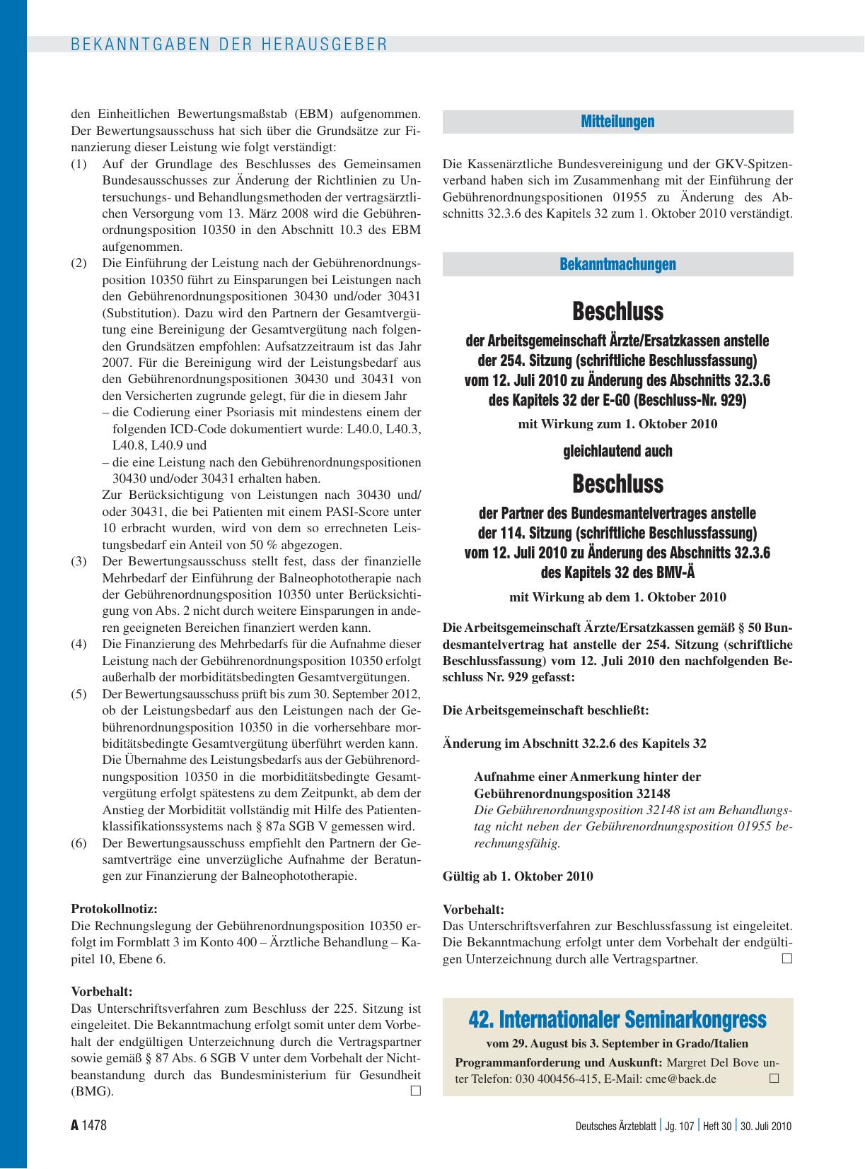 Vorschauseite 1: Beschluss der Arbeitsgemeinschaft Ärzte/Ersatzkassen anstelle der 254. Sitzung (schriftliche Beschlussfassung) vom 12. Juli 2010 zu Änderung des Abschnitts 32. 3. 6 des Kapitels 3…